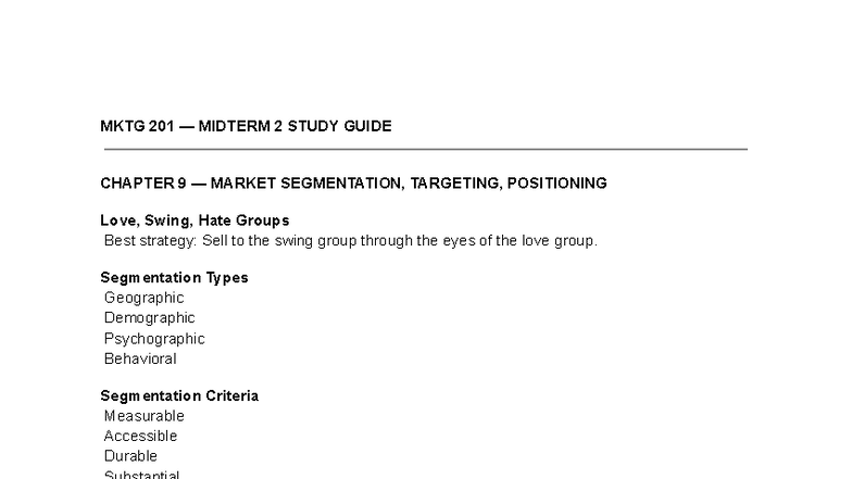 MKTG 201 MIDTERM 2 STUDY GUIDE: Market Segmentation & Strategy - Studocu