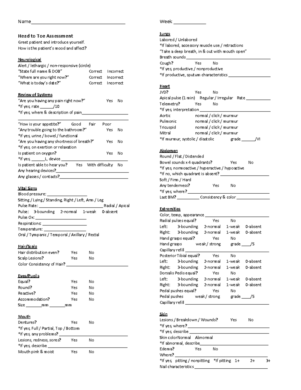 Head-to-Toe Assessment Detail Sheet for Nursing Practice - Studocu