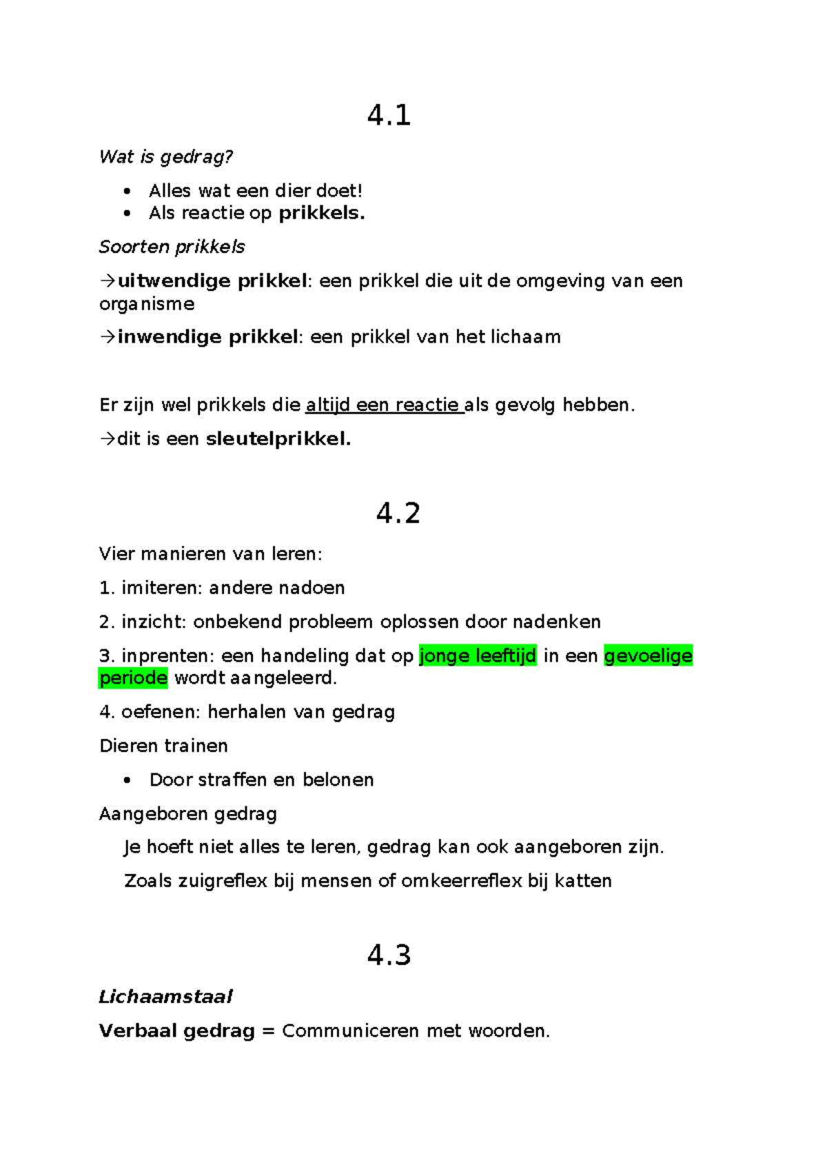 H4 Gedrag en Leren bij Dieren (BIO) - Studeersnel