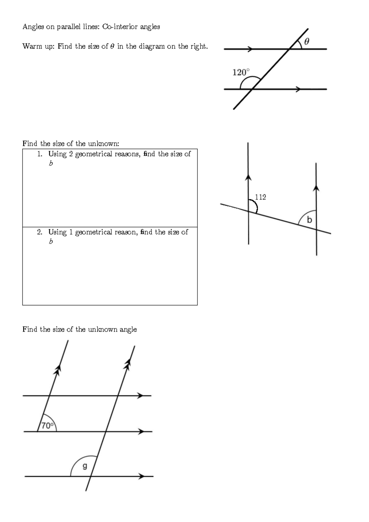 Angles on parallel lines cointerior - Find the size of the unknown: 1 ...