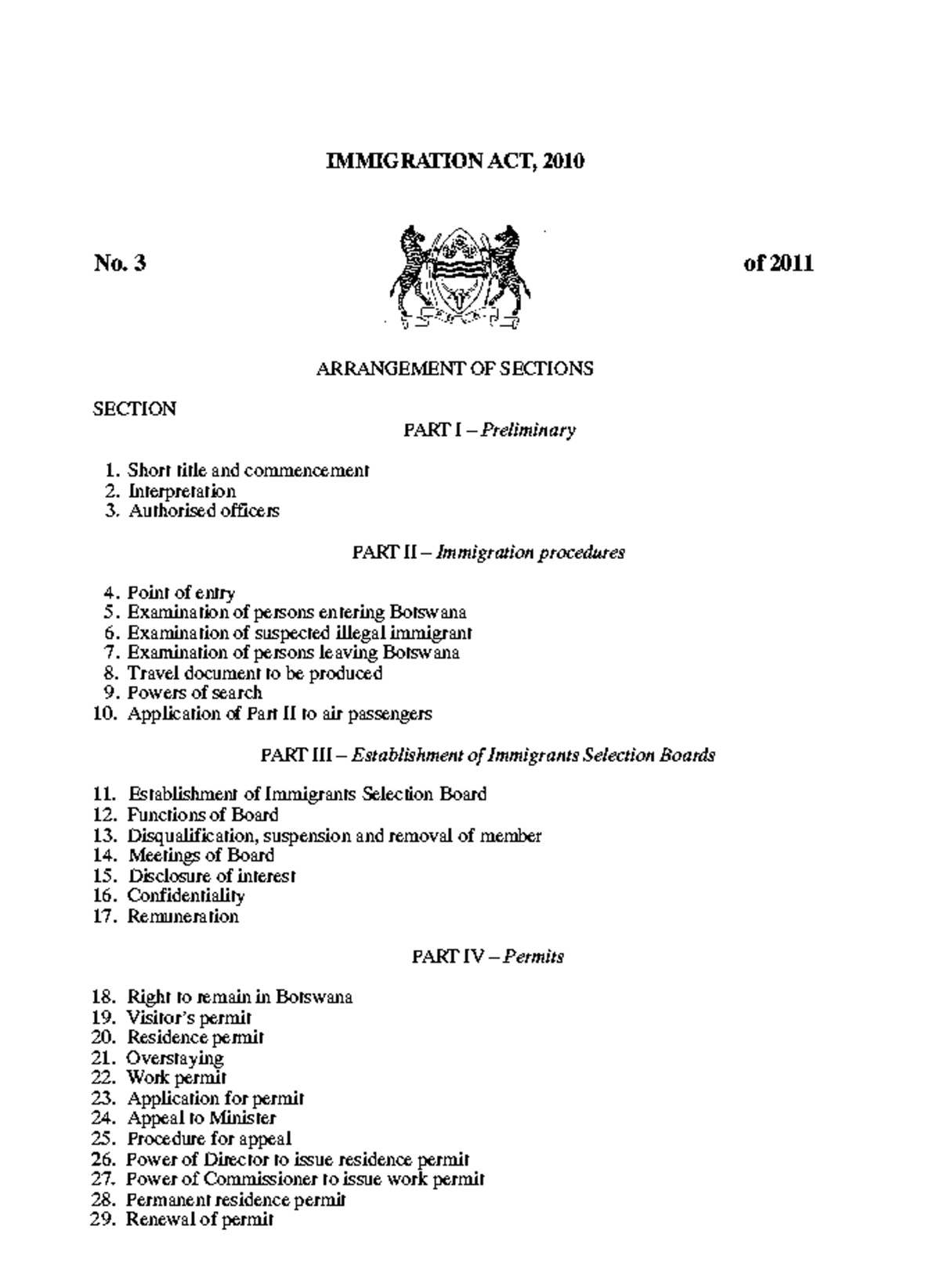 Immigration Act, 2010 (No. 3 of 2011) - Detailed Section Arrangement ...