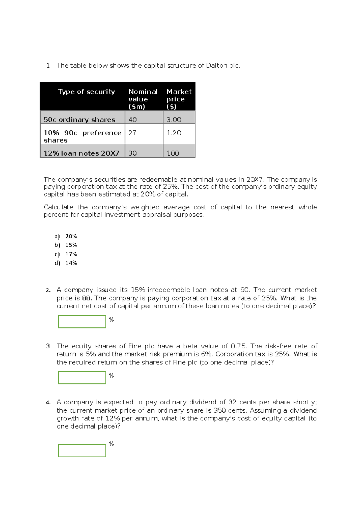 Cost of Capital Quiz - WACC Calculations and Equity Valuation - Studocu