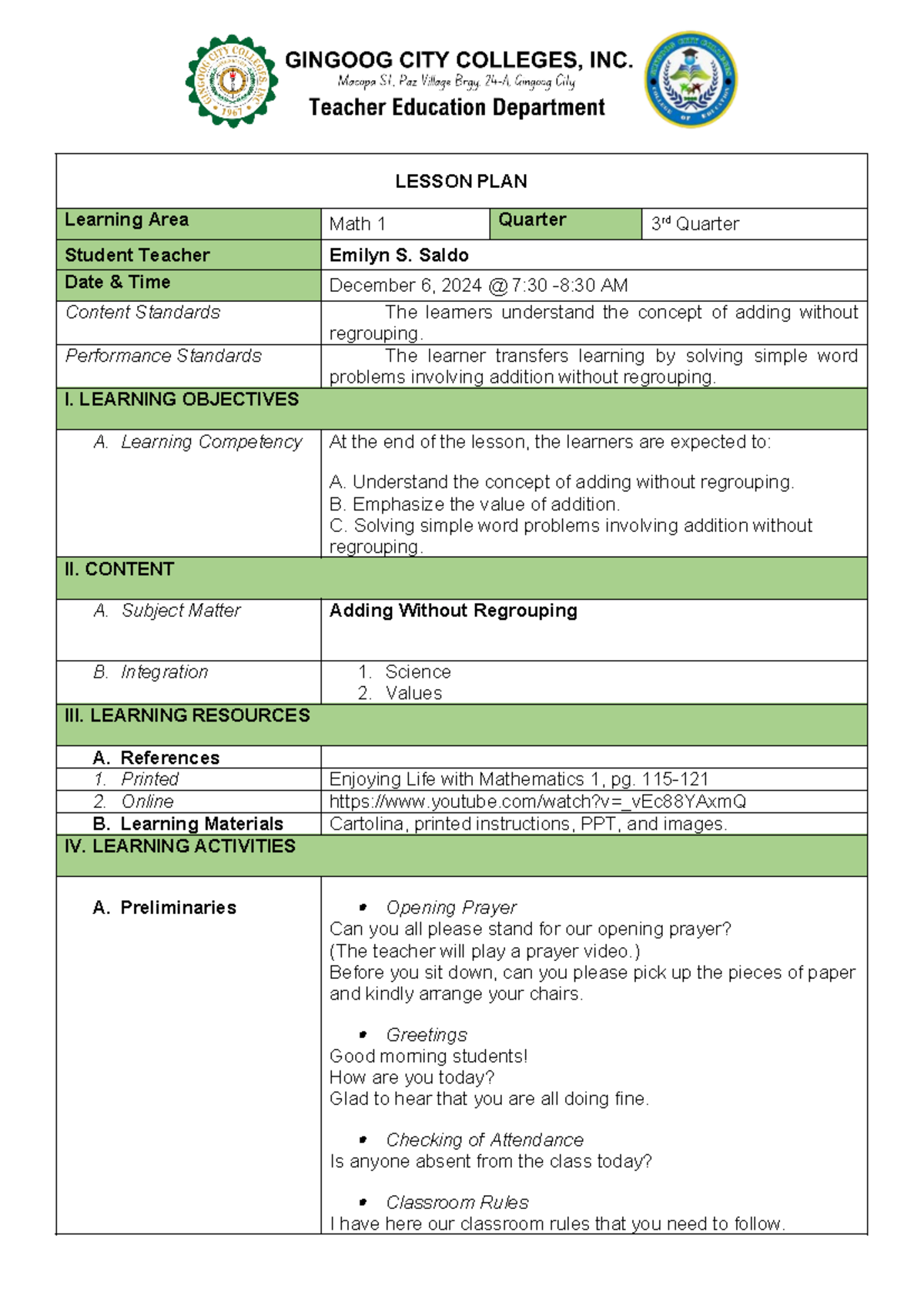 Math Lesson Plan - LESSON PLAN Learning Area Math 1 Quarter 3 rd ...