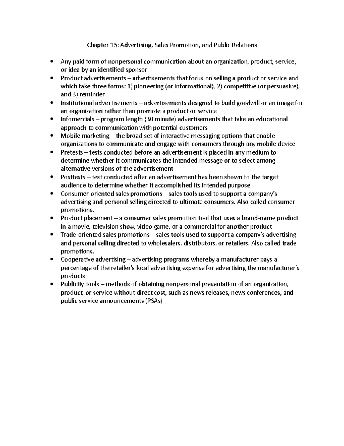 Mktg Chapter 15 Advertising Sales Promotion Pr Notes Studocu