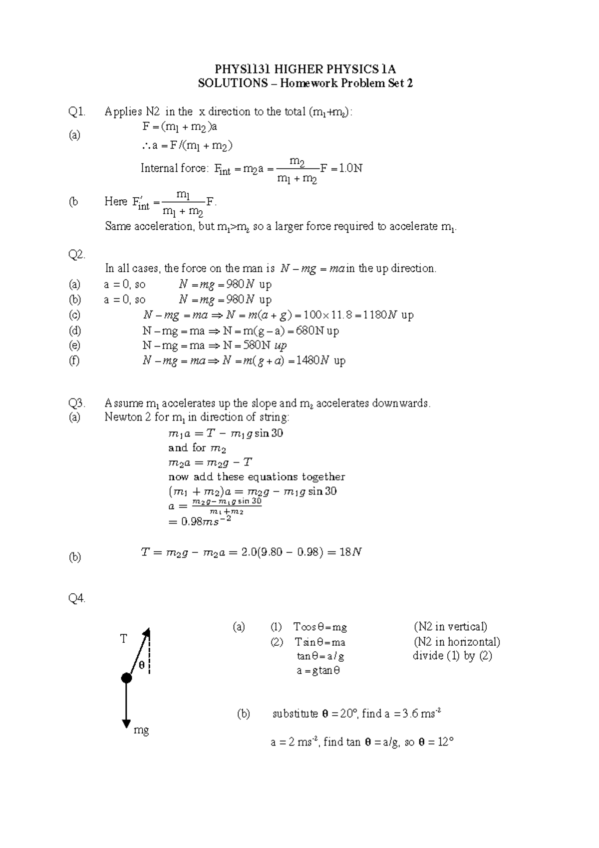PHYS1131 HIGHER PHYSICS 1A SOLUTIONS Homework Problem Set 2 - Studocu