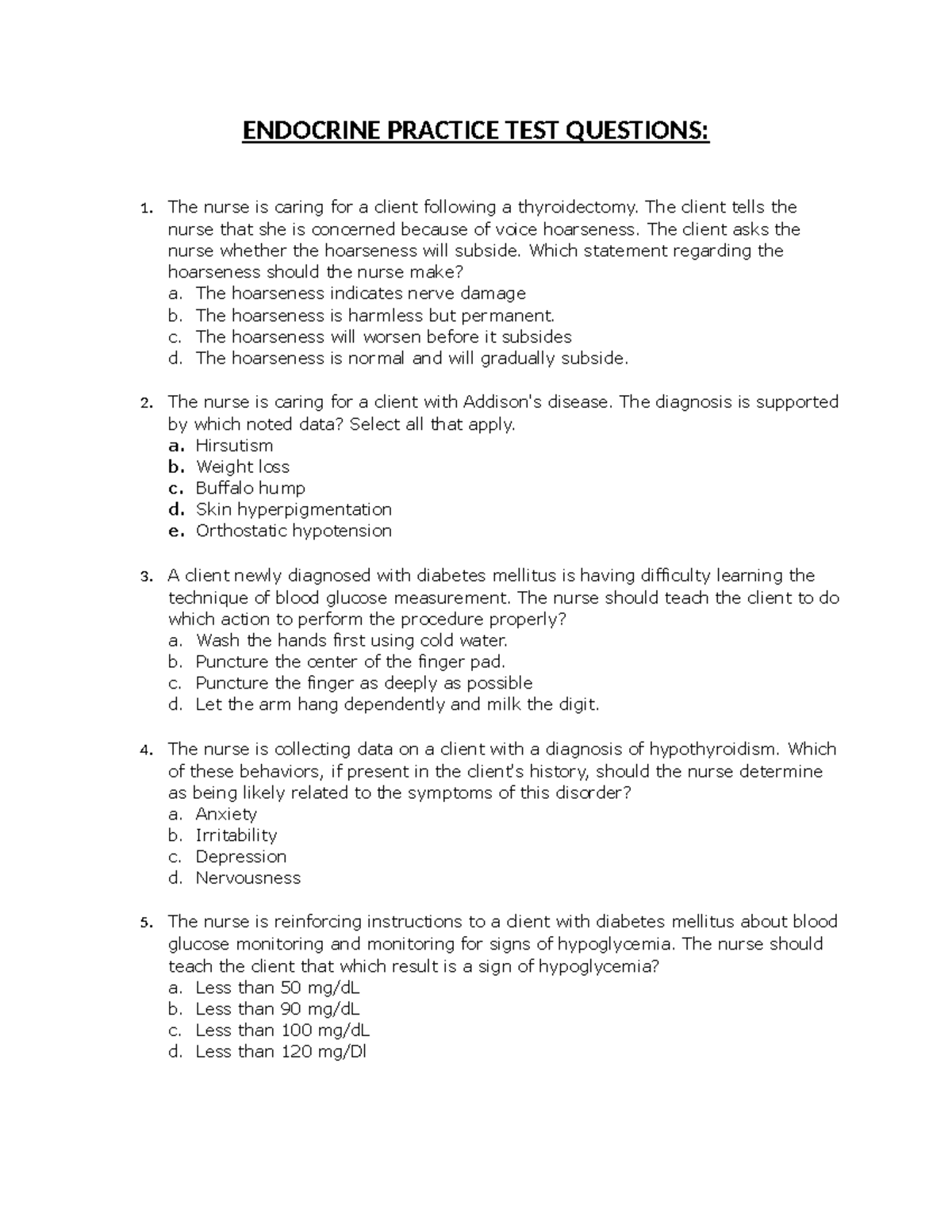 Endocrine Practice Test Questions for NCLEX Prep (22 Q's) - Studocu