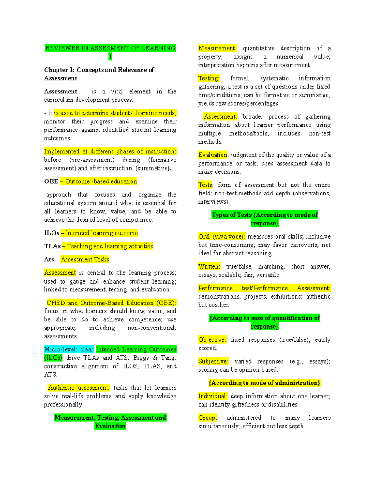 REVIEWER IN ASSESSMENT OF LEARNING 1: Key Concepts and Evaluation ...