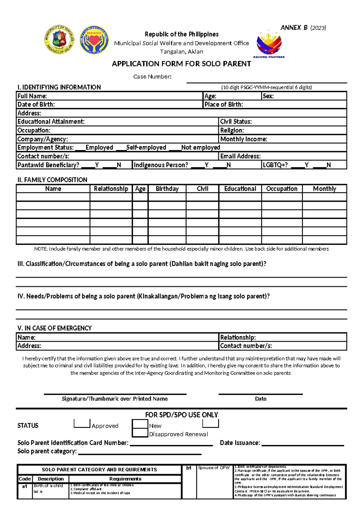 Solo Parent Application Form - Municipal Social Welfare Office - Studocu
