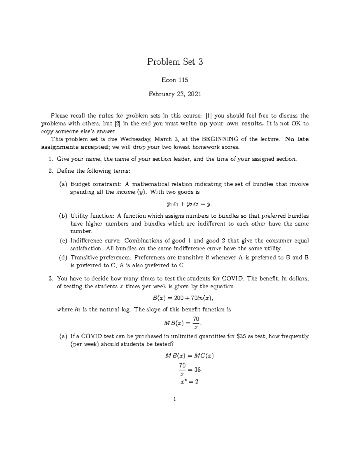 Econ 115 Problem Set 3 Solutions - Due March 3, 2021 - Studocu
