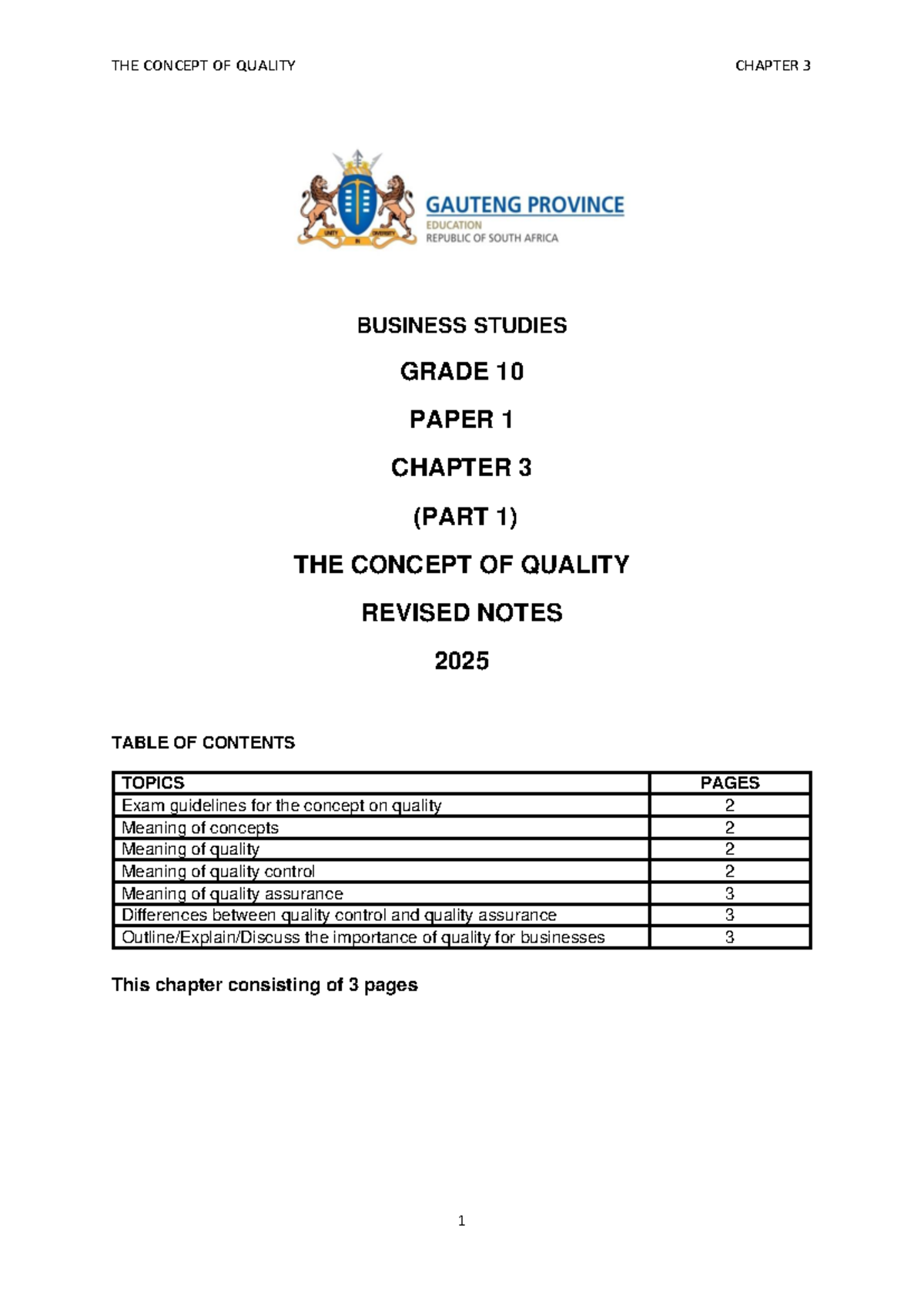 Quality Control and Assurance in Business Studies G10 - Chapter 3 Notes ...