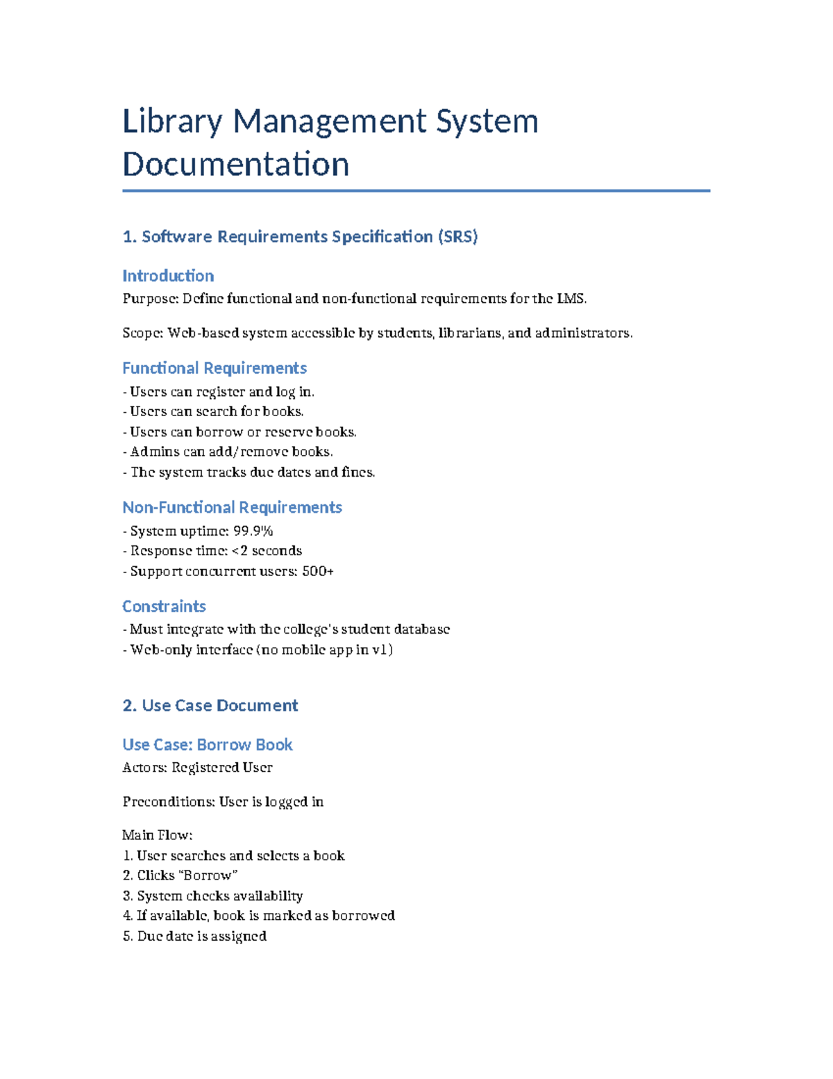 Library Management System Documentation: SRS & Use Cases - Studocu