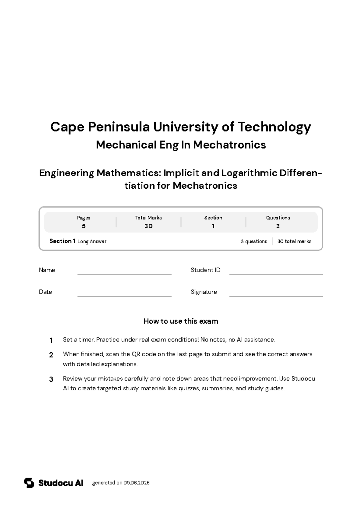 Final Exam: Engineering Mathematics for Mechatronics - Studocu