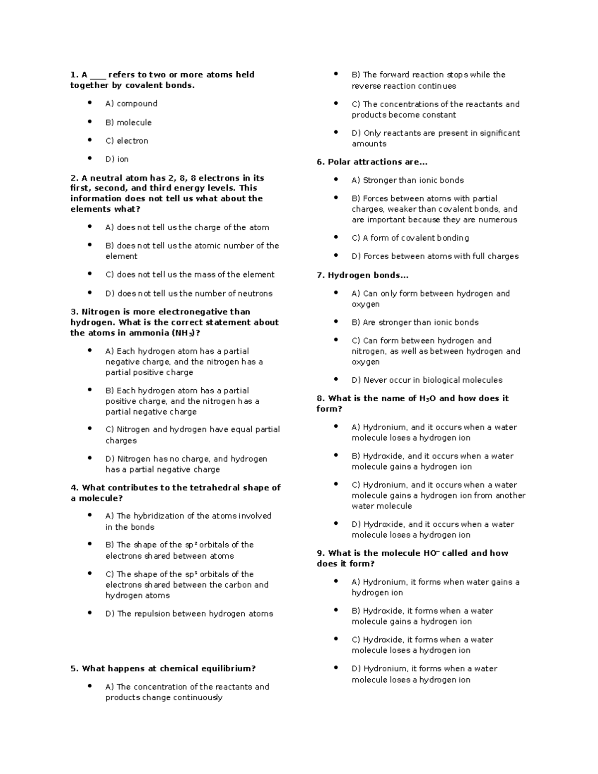 BIO 101: Exam 1 Review Questions on Atoms, Molecules, and Bonds - Studocu