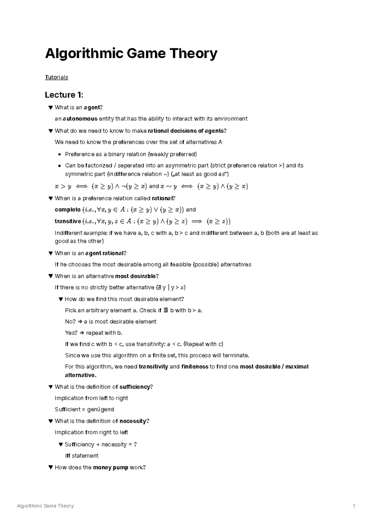 Algorithmic Game Theory (AGT) Summary: Key Concepts and Definitions ...