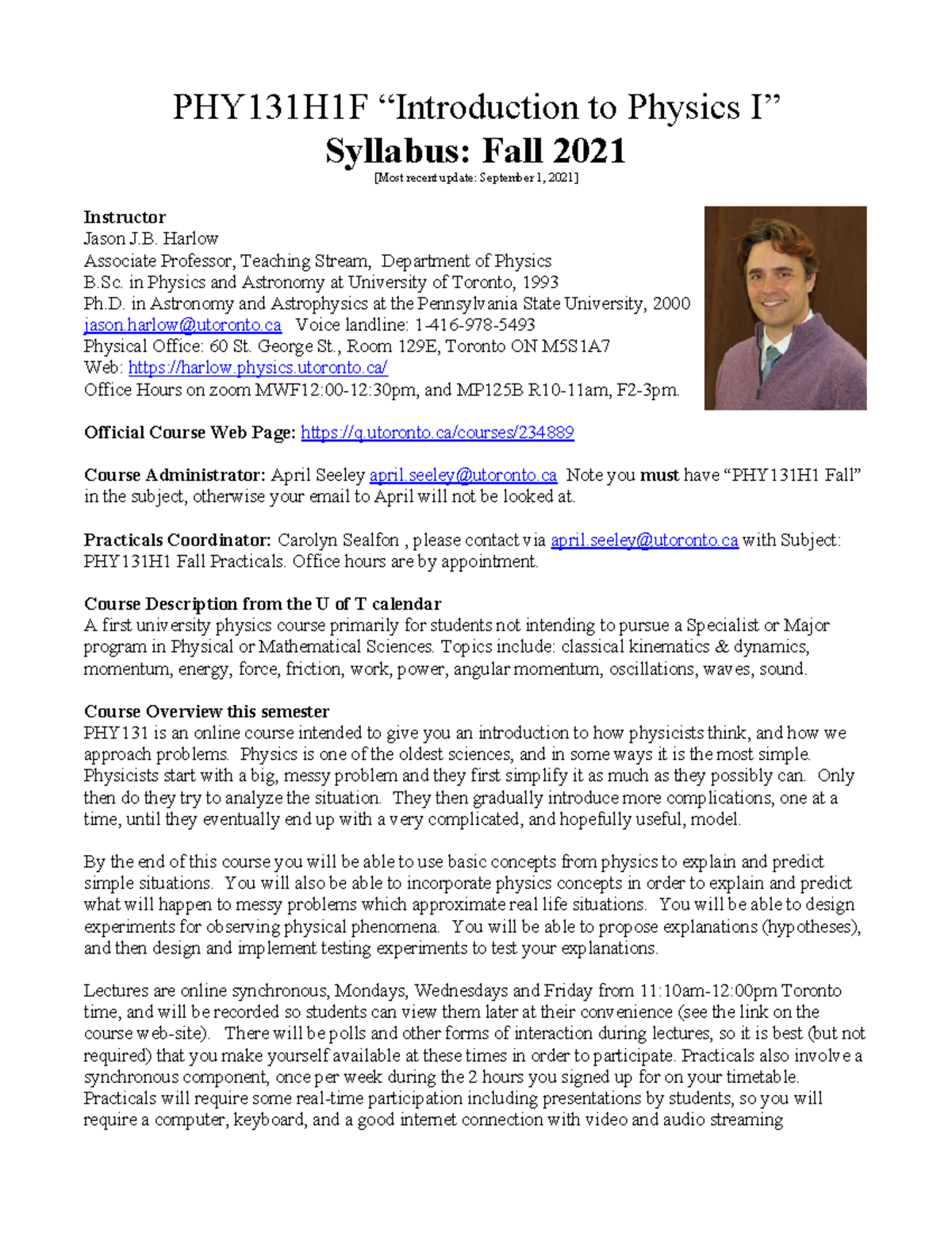 PHY131H1F Syllabus for Introduction to Physics I - Fall 2021 - Studocu
