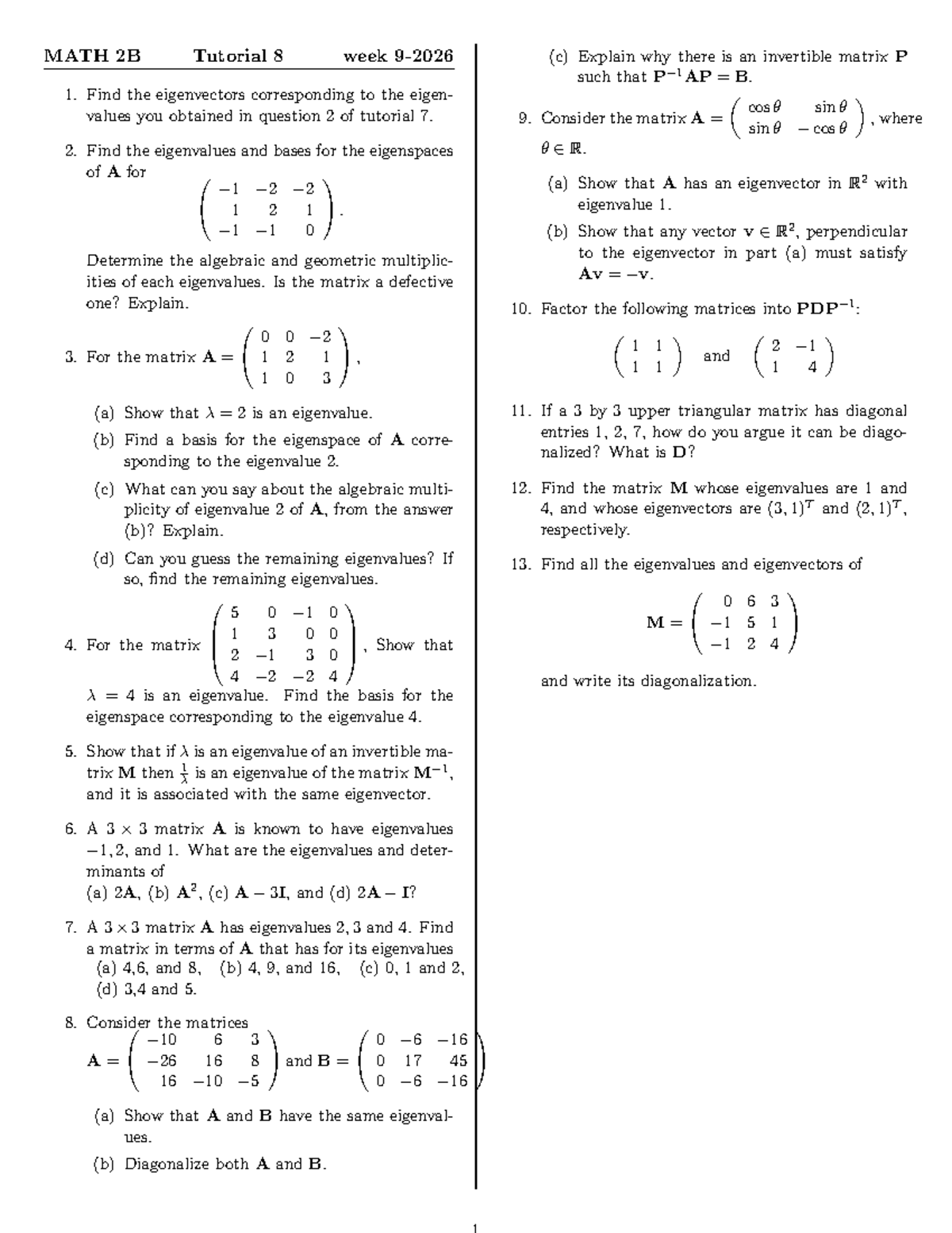 MATH 2B Tutorial 8: Eigenvalues and Eigenvectors Practice - Studocu