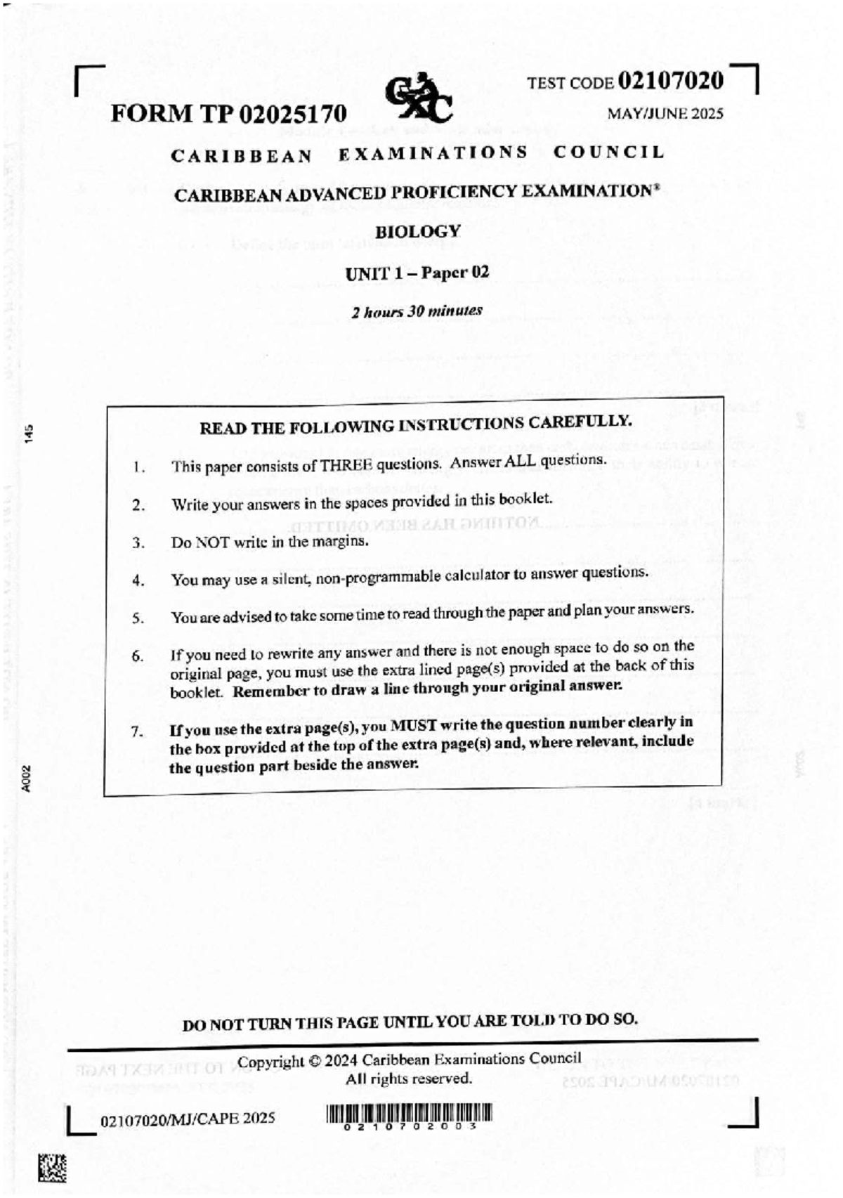 Cape Biology Unit 1 Paper 2 Exam Instructions and Questions - May 2025 ...
