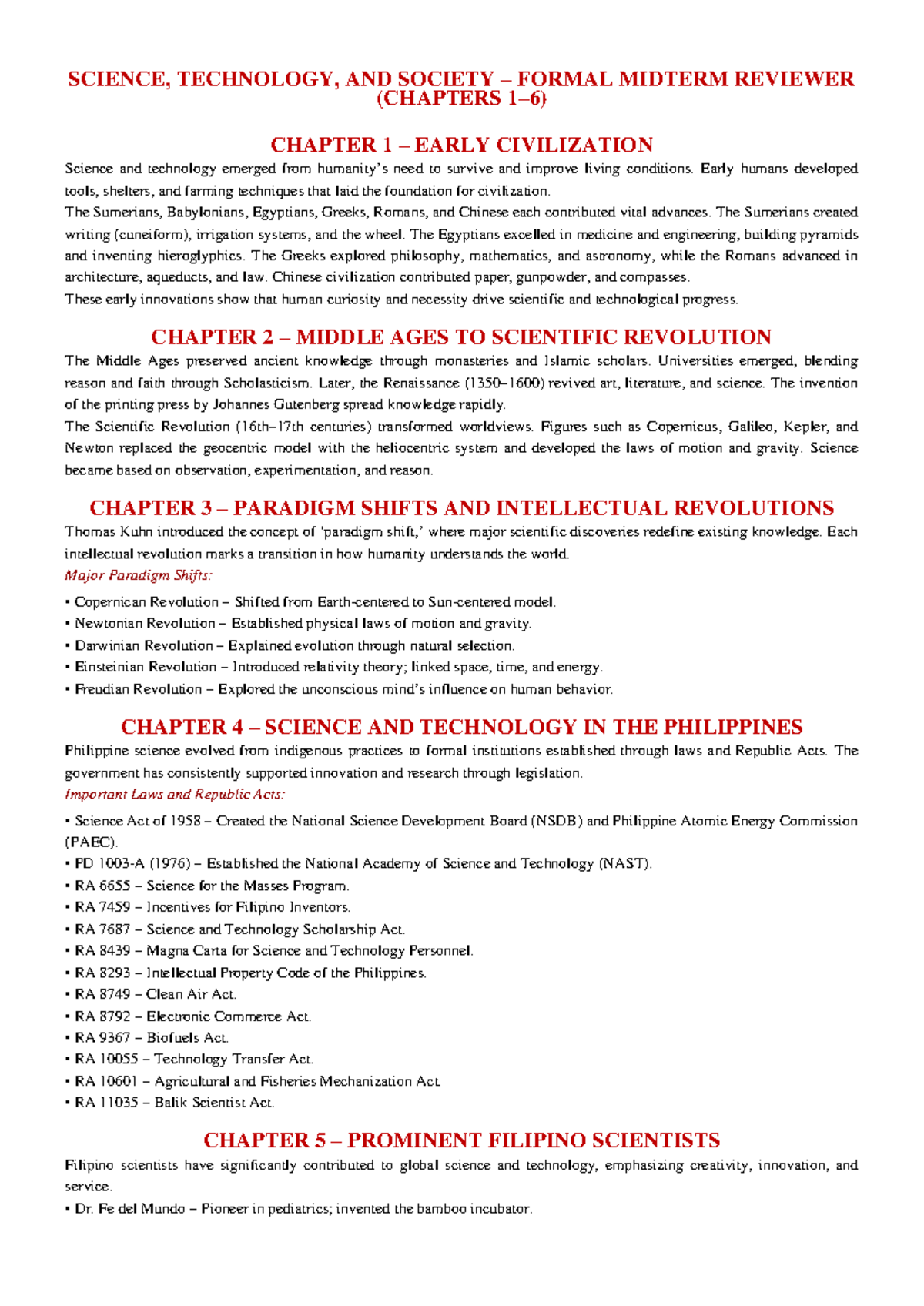 SCI 101 Formal Midterm Reviewer: Science & Technology Evolution - Studocu