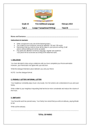 FET English FAL SBA oral exemplar booklet for Grades 10 to 12 - Studocu