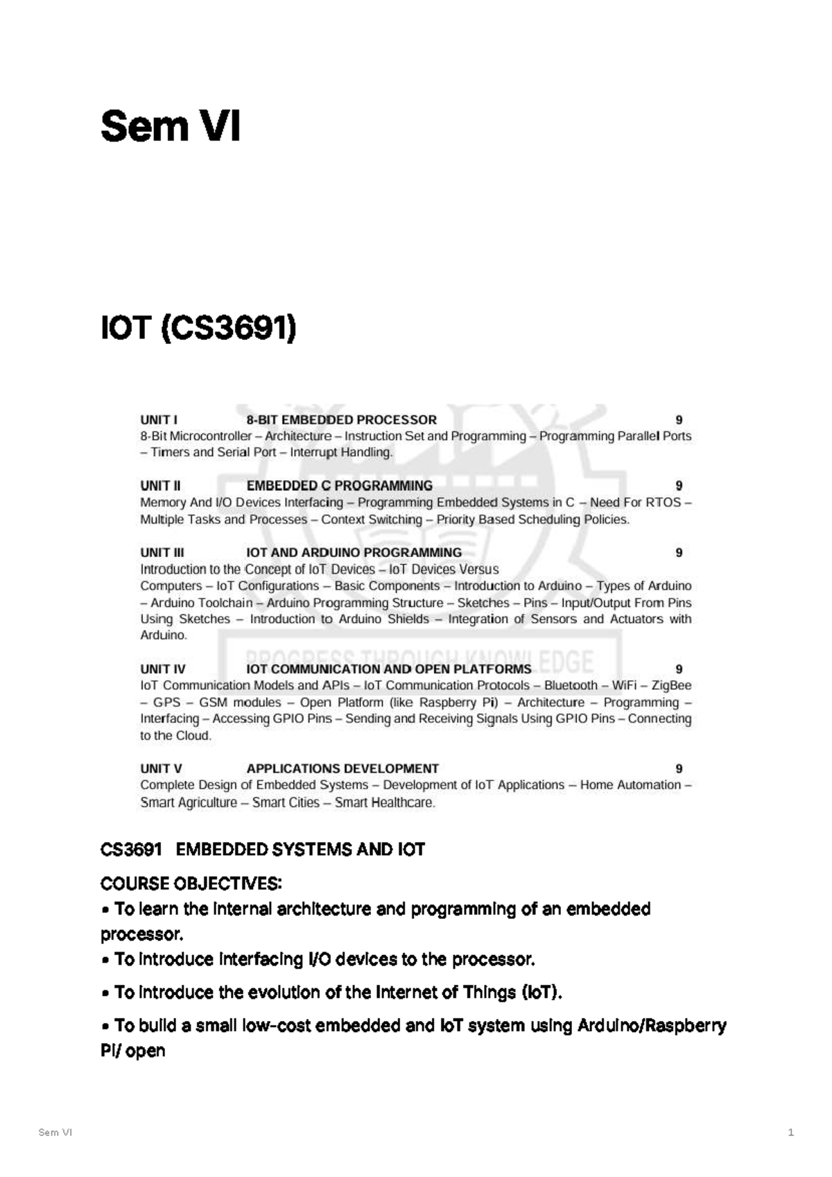 Sem VI (CS3691) Embedded Systems and IoT Course Overview - Studocu