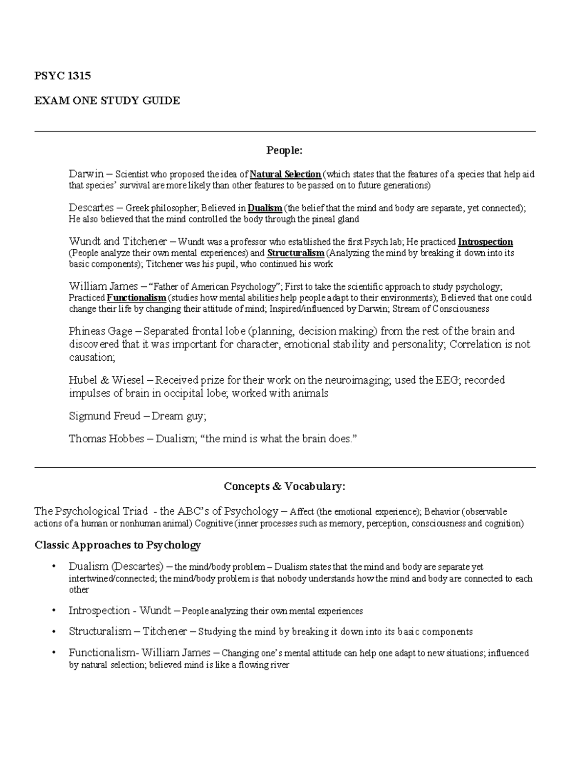 Study Guide for PSYC 1315 Exam 1: Key Concepts and Theories - Studocu