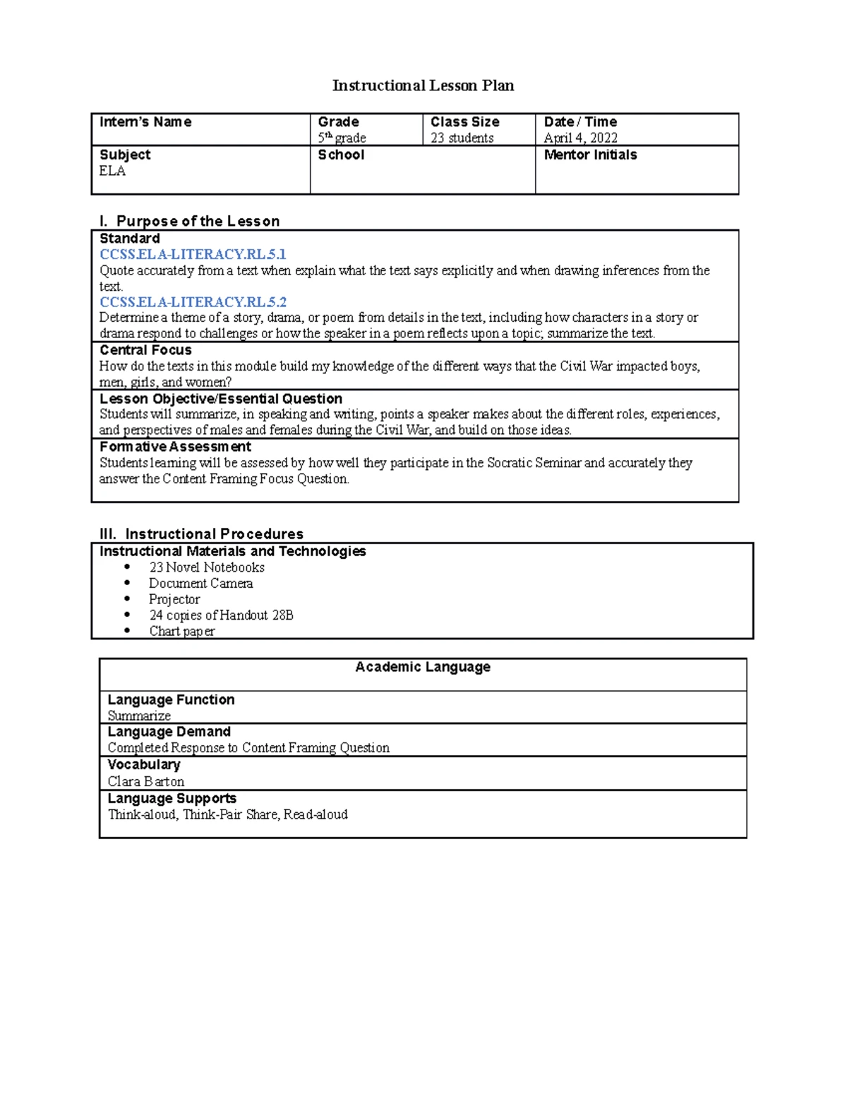 Deep Dive 32 ELA - Instructional Lesson Plan Intern’s Name Grade 5 th ...
