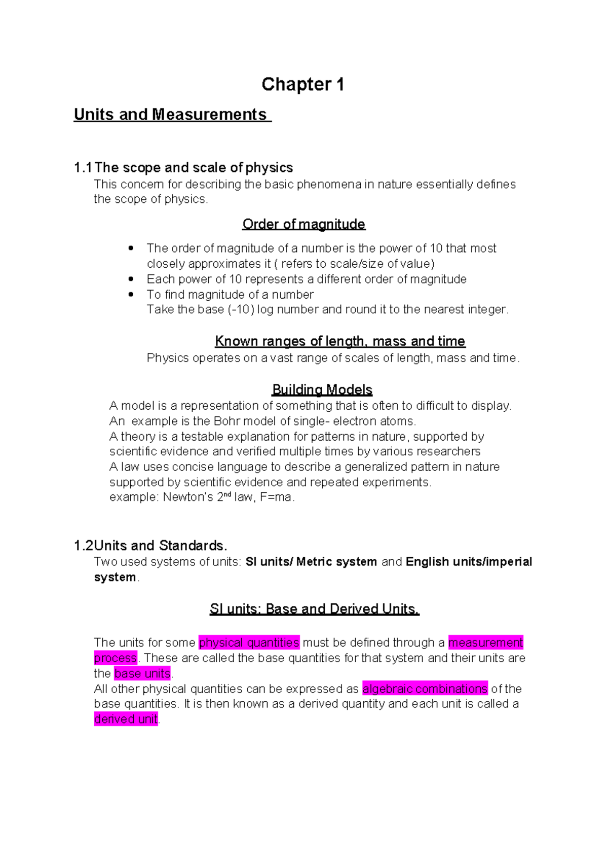 Chapter 1 - Physics Notes Summary: Units & Measurements - Studocu