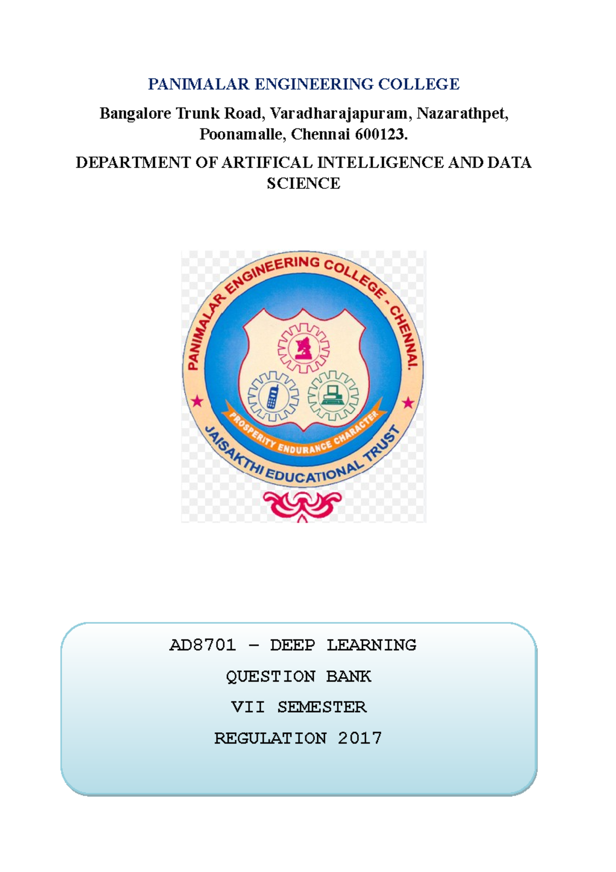 AD8701 Deep Learning Question Bank for AI & Data Science VII Semester ...