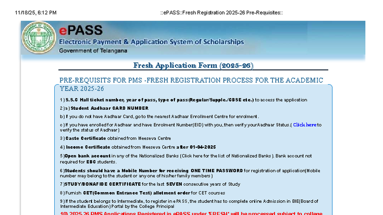 E PASS Fresh Registration 2025-26 Pre-Requisites - Fresh Application ...