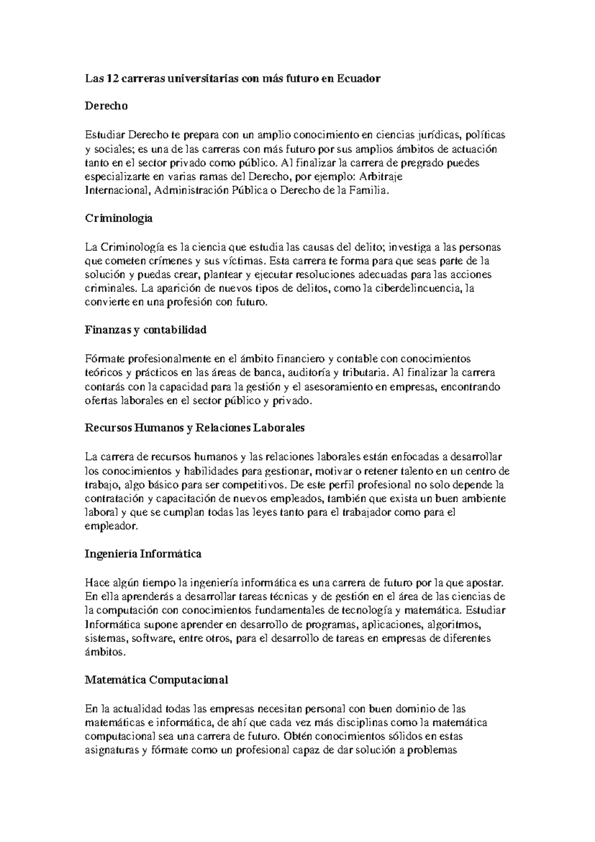 Las 12 Carreras Universitarias con Mayor Futuro en Ecuador - Studocu