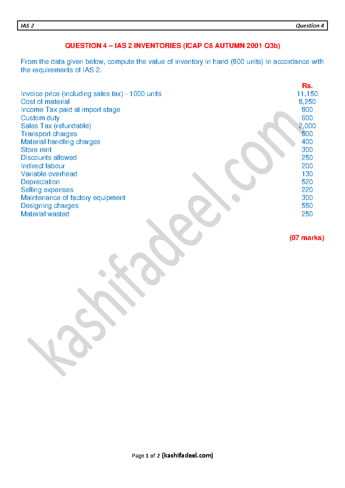 IAS 2-Q4 case study 5 - IAS 2 Question 4 Page 1 of 2 (kashifadeel ...