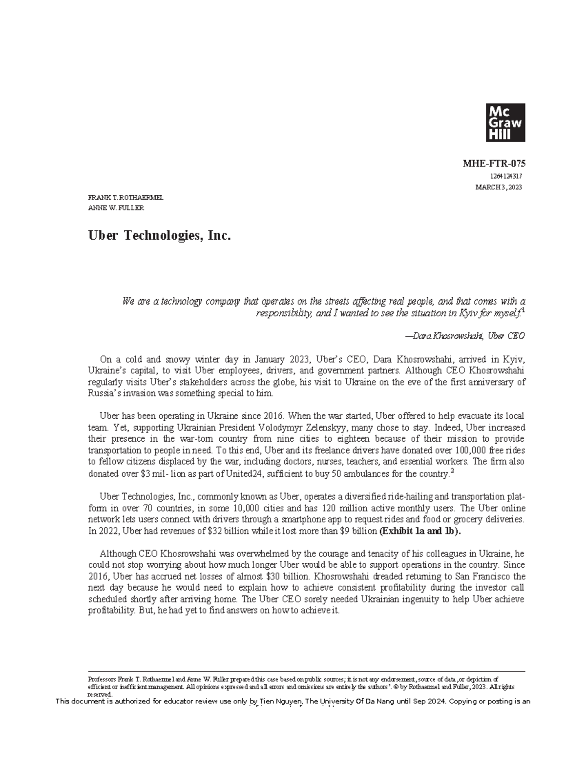 Uber Inc.: A Case Study on Contemporary Business Challenges (MHE-FTR ...