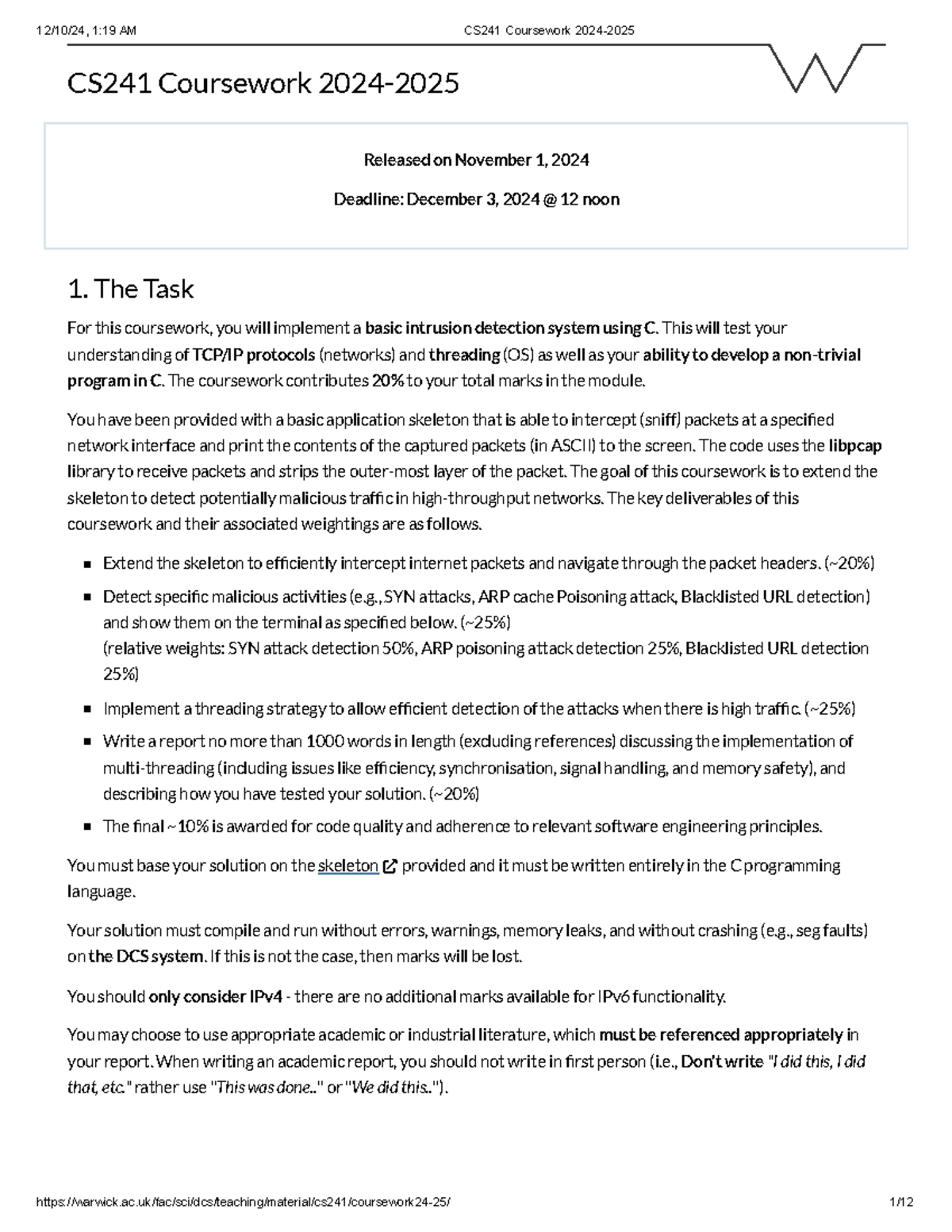 CS241 Final Coursework: Intrusion Detection System Implementation - Studocu
