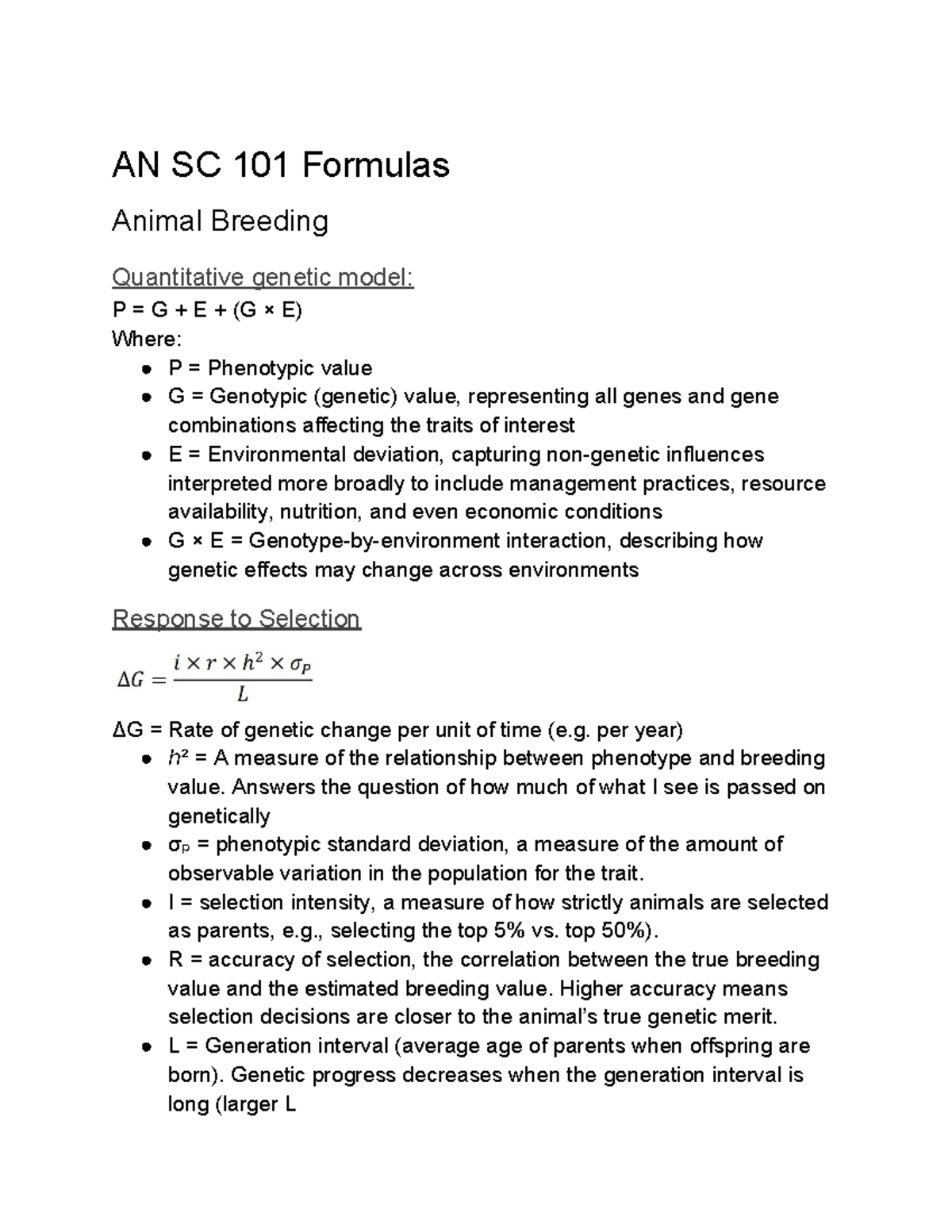 AN SC 101 Final Exam Notes on Animal Breeding Formulas - Studocu