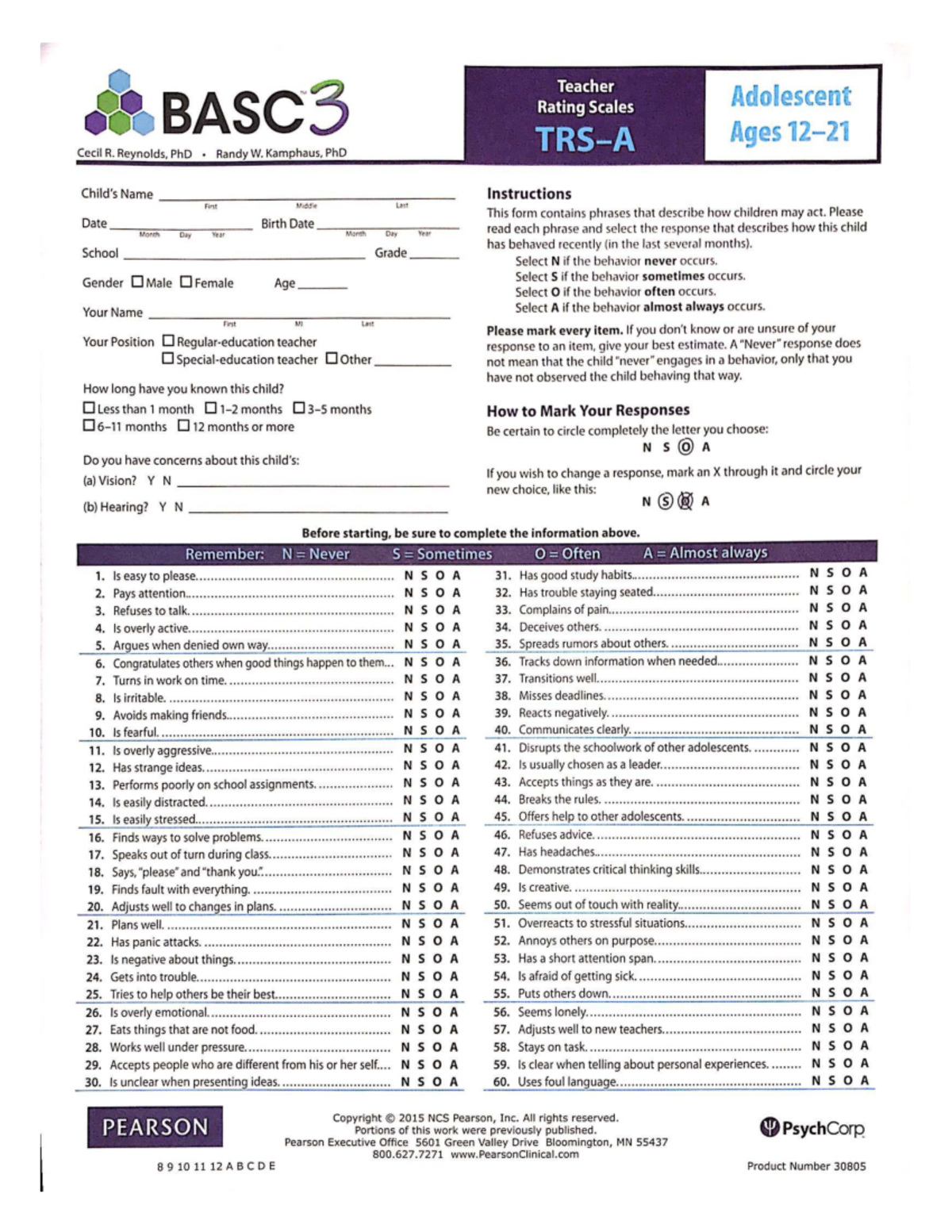 BASC-3 Adolescent Rating Scales: Teacher Form Instructions - Studocu