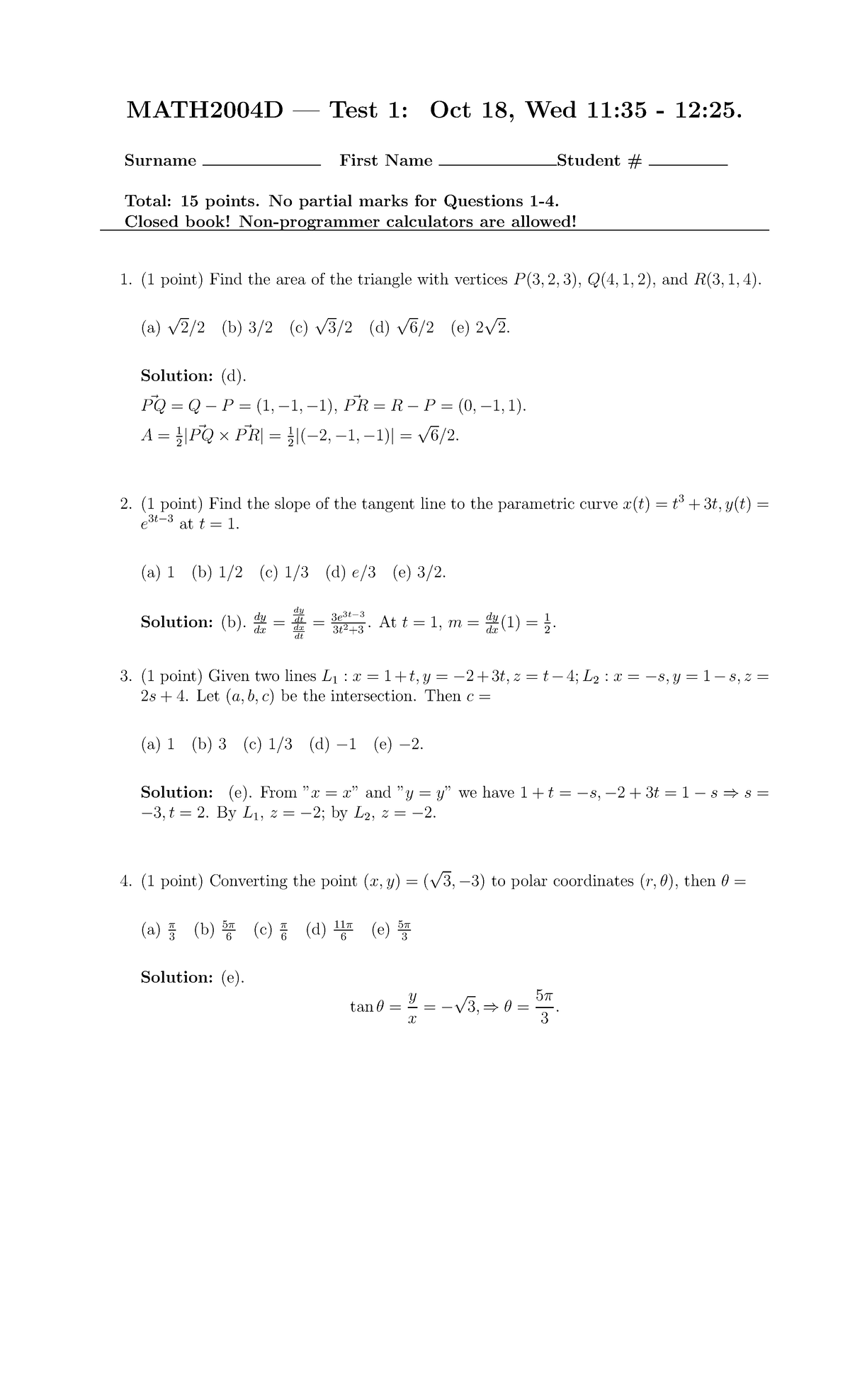 MATH2004 D-Test 1 Solutions - Detailed Explanations and Answers - Studocu