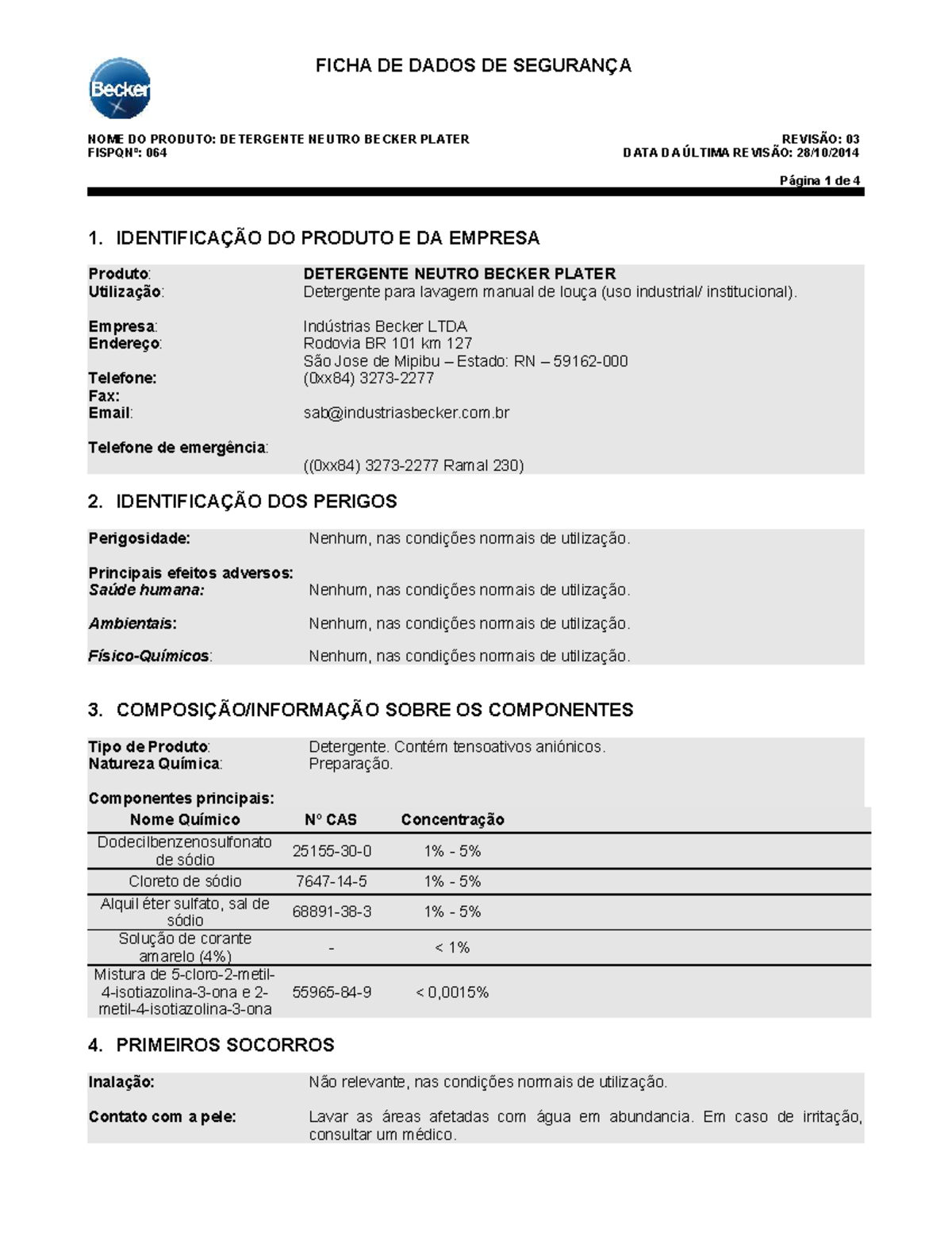 Ficha de Dados de Segurança: Detergente Neutro Becker Plater FISPQ 064 ...