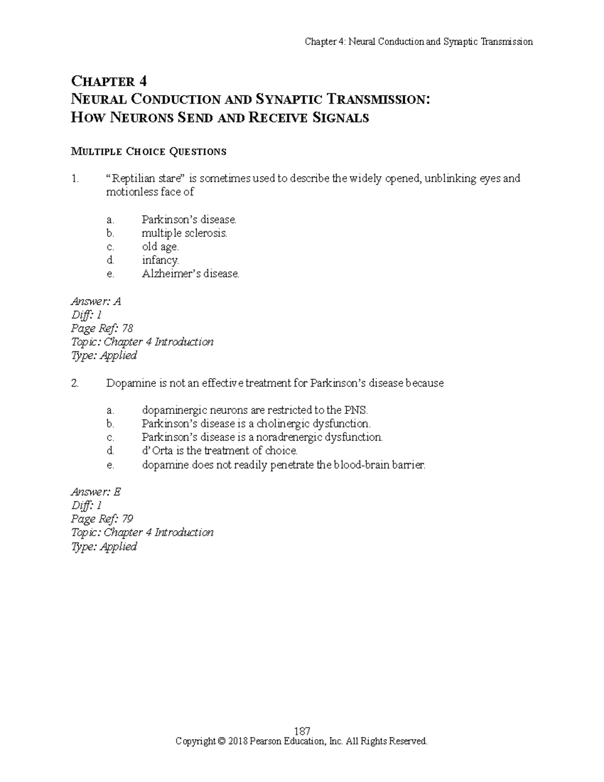 Ch4 TB - Neural Conduction & Synaptic Transm. Test Bank with Answers ...