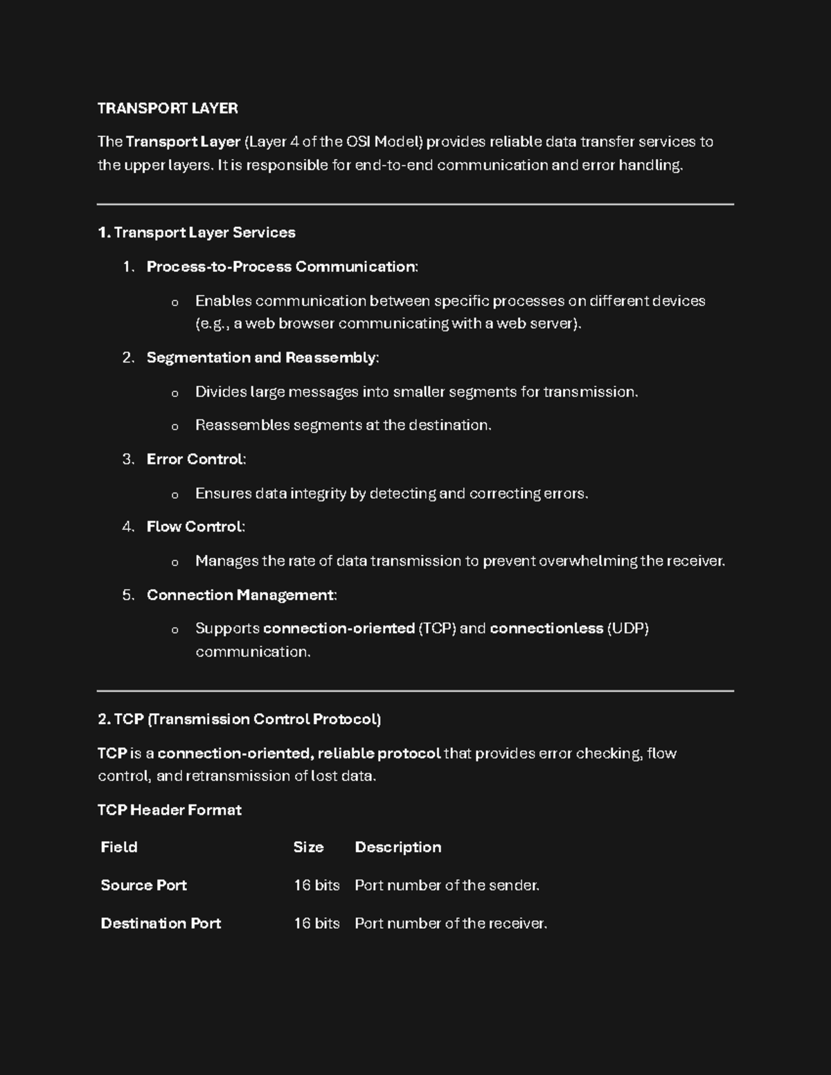 Unit 6 - notes - TRANSPORT LAYER The Transport Layer (Layer 4 of the ...