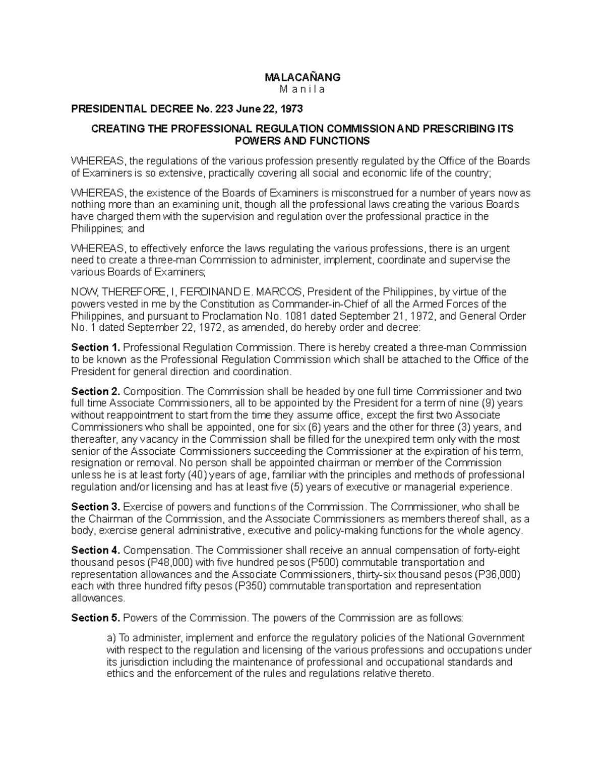 Presidential Decree No. 223: Establishing the Professional Regulation ...