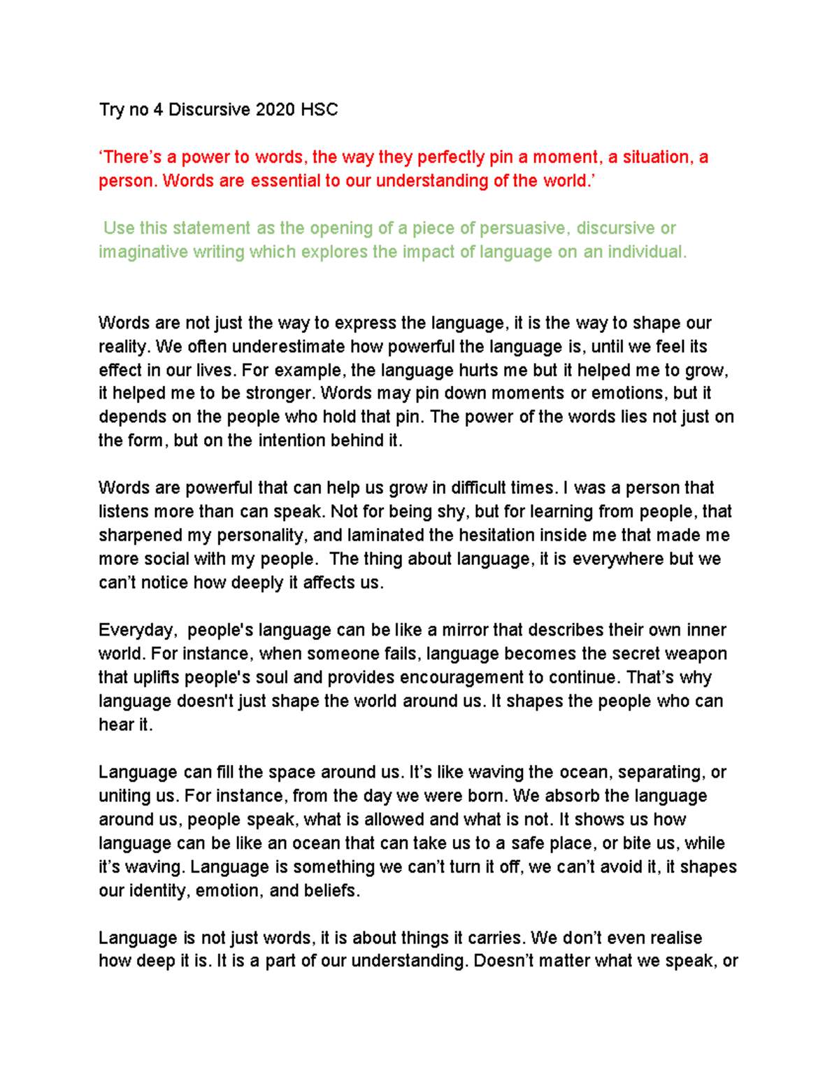 No 4 Discursive 2020 HSC: The Power of Language in Shaping Reality ...