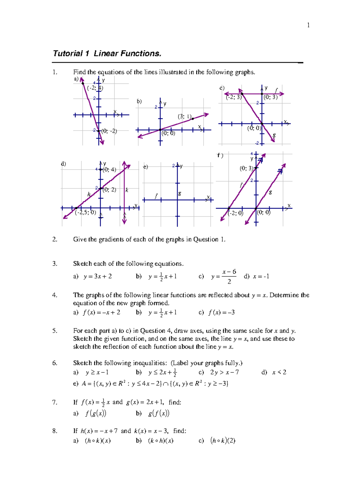 Ch1 tut linear functions - 1 Tutorial 1 Linear Functions. Find the ...