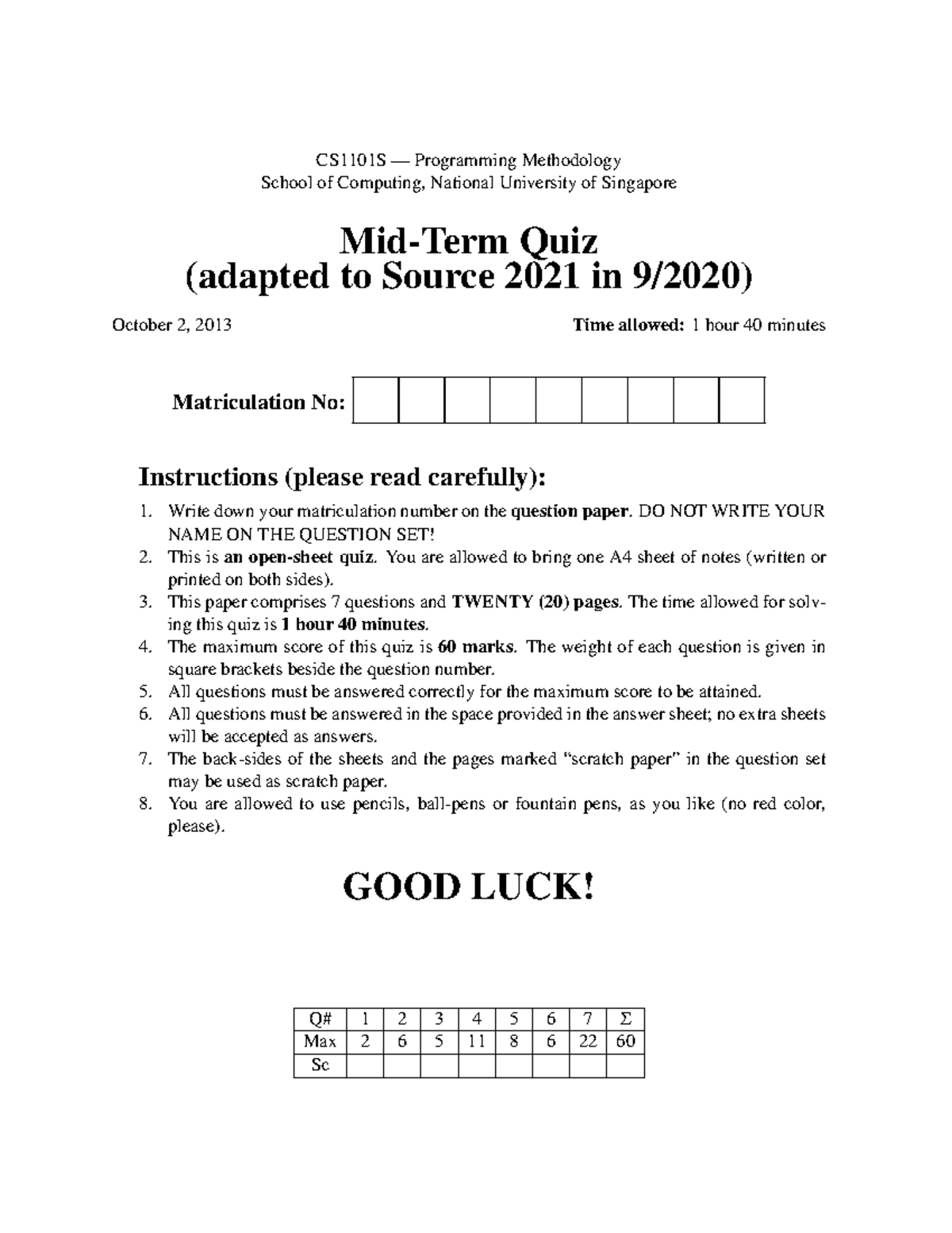 Midterm 1314 - CS1101S Programming Methodology Answer Key - Studocu