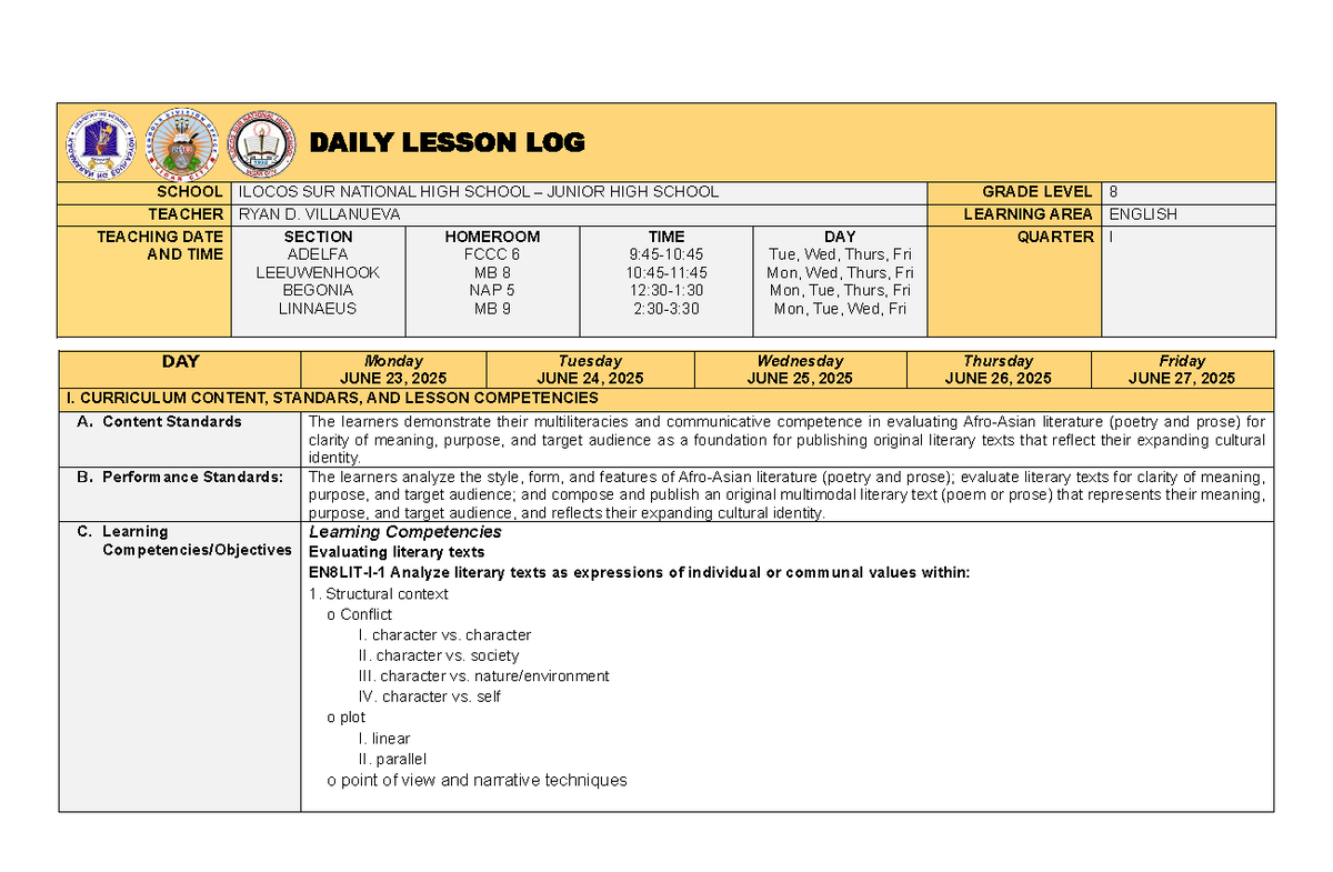 DLL-Q1-WEEK1-2: Lesson Plans for Grade 8 English - Studocu