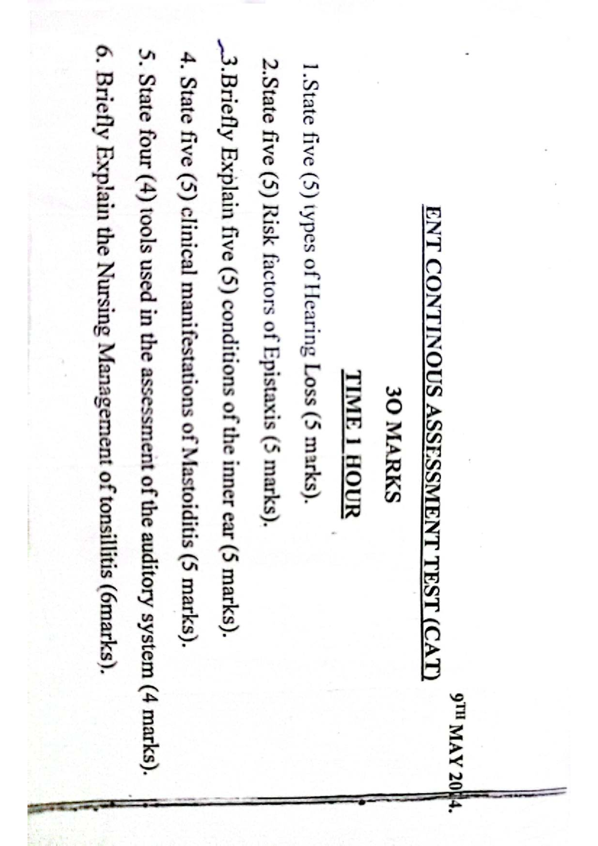 ENT & Ophthalmic Nursing Continuous Assessment Test (CAT) - 30 Marks ...
