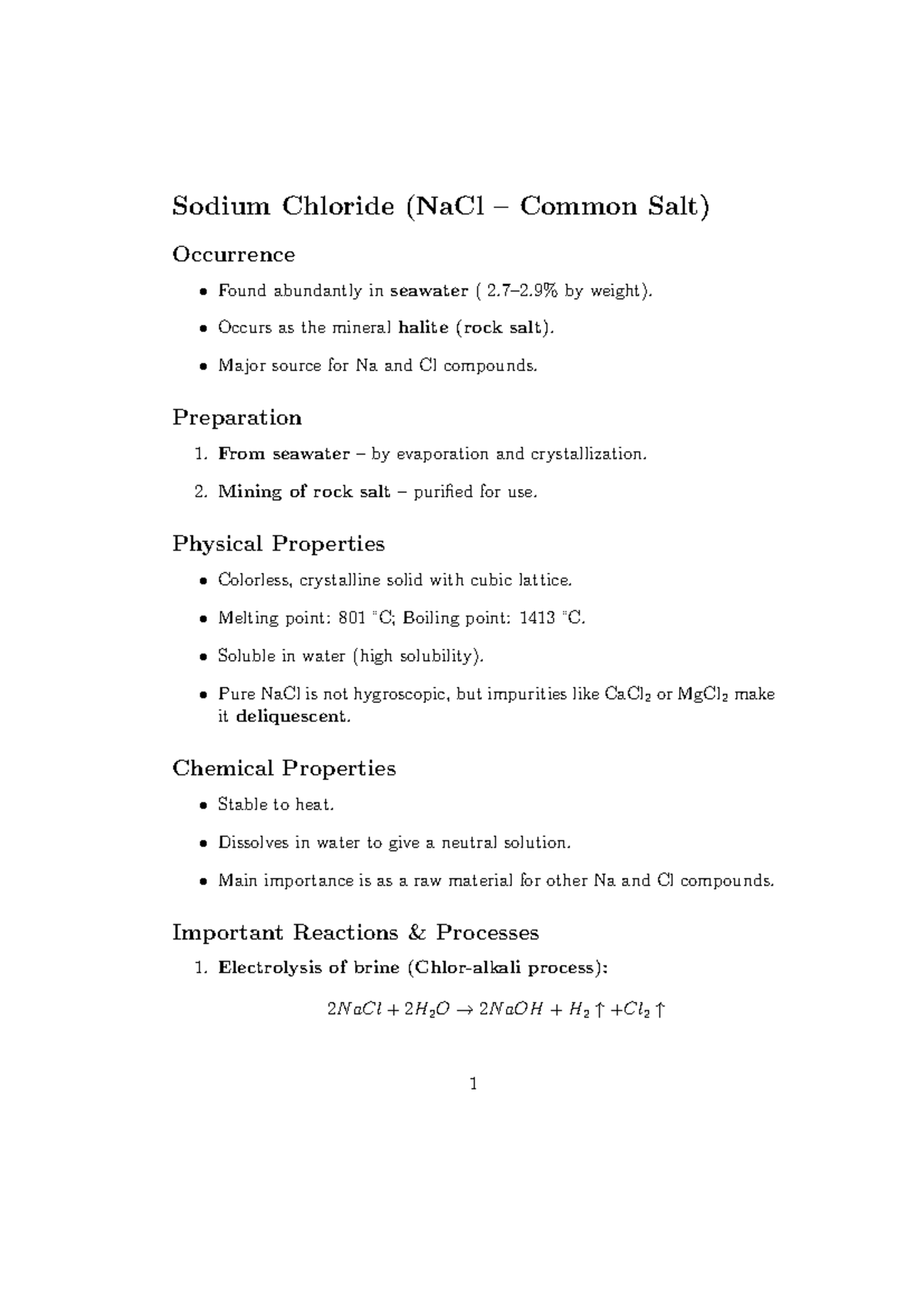 Sodium Chloride (NaCl) - Key Properties and Reactions Notes - Studocu