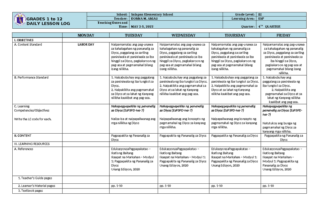 DLP ESP 3 Q4 Daily Lesson Log for May 2-5, 2023 - Studocu