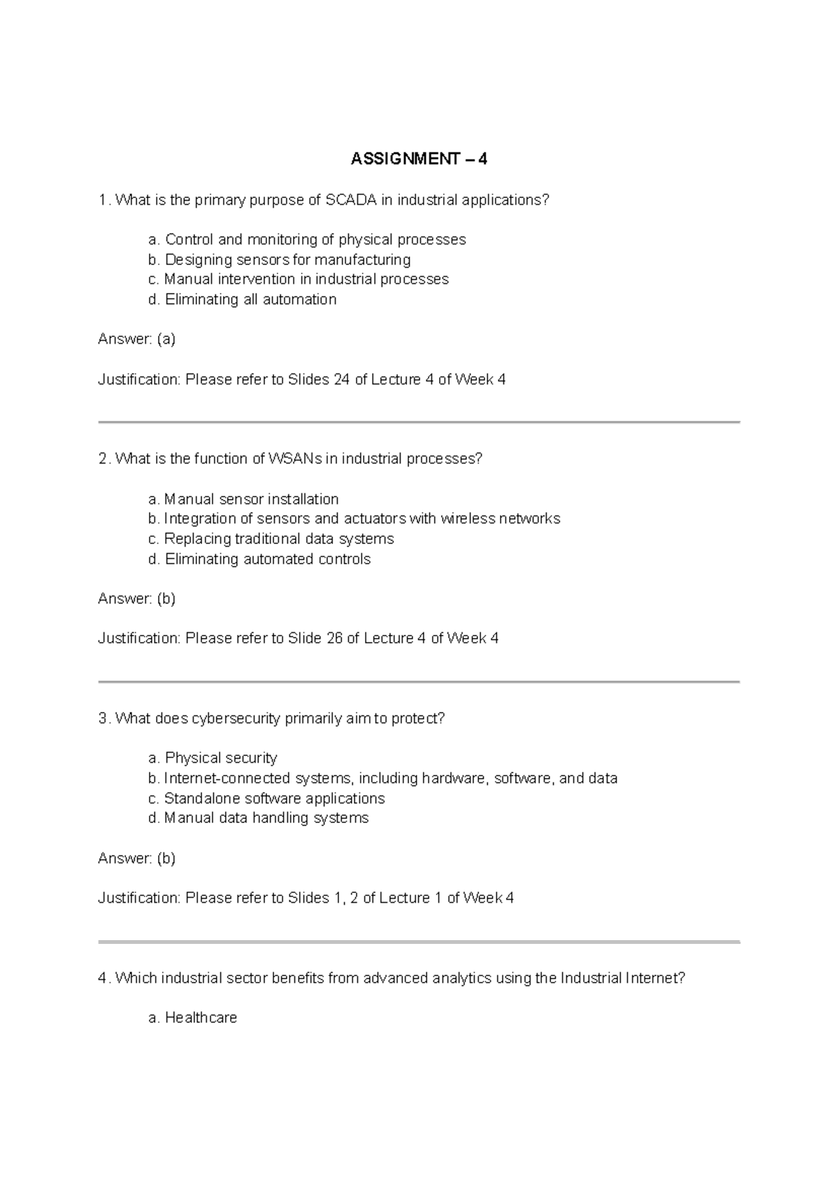 NPTEL Week 4 Assignment 4 Answers on SCADA and Industry 4.0 - Studocu