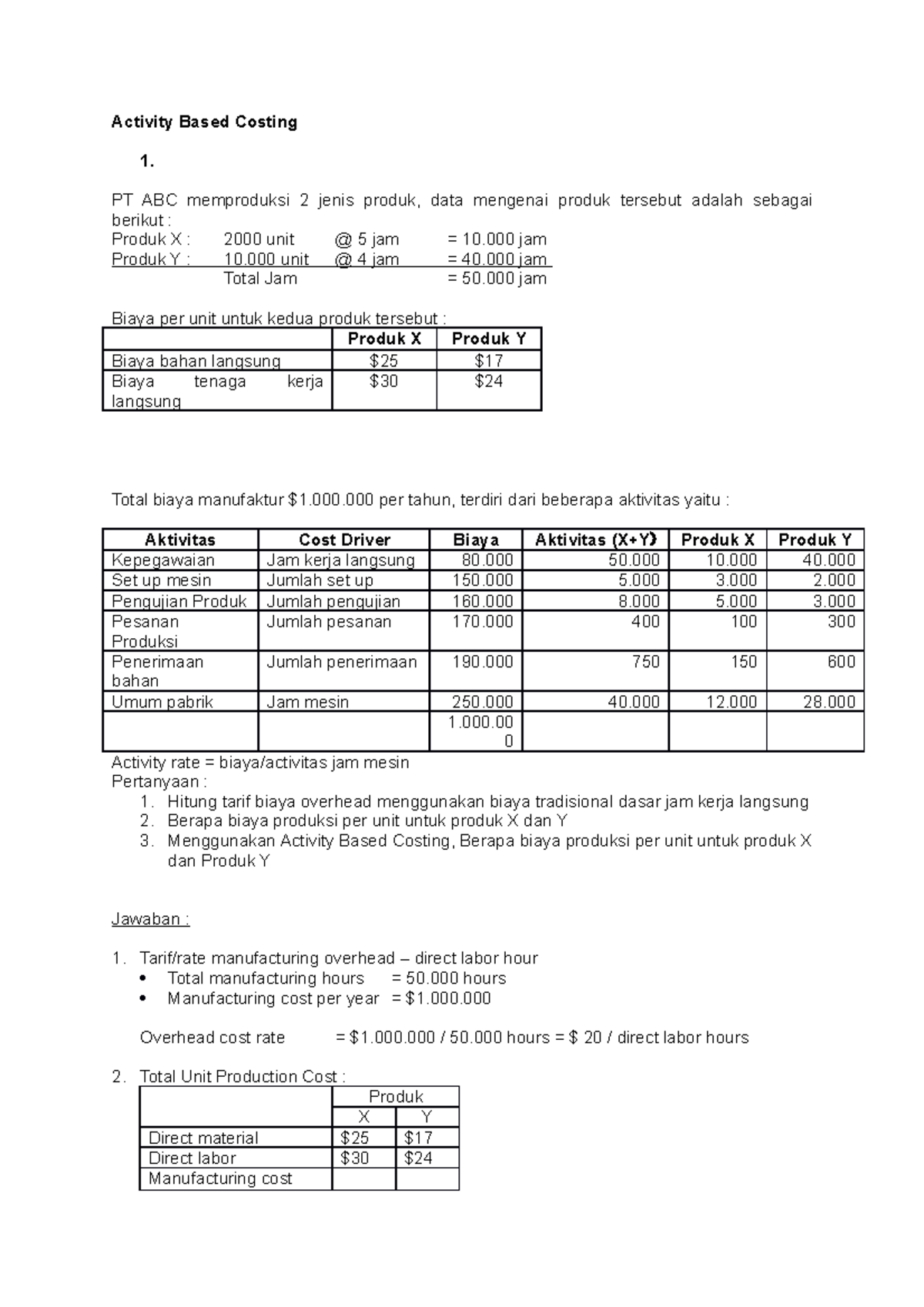 Activity Based Costing Analysis for PT ABC and PT Sentosa Jaya Tbk ...