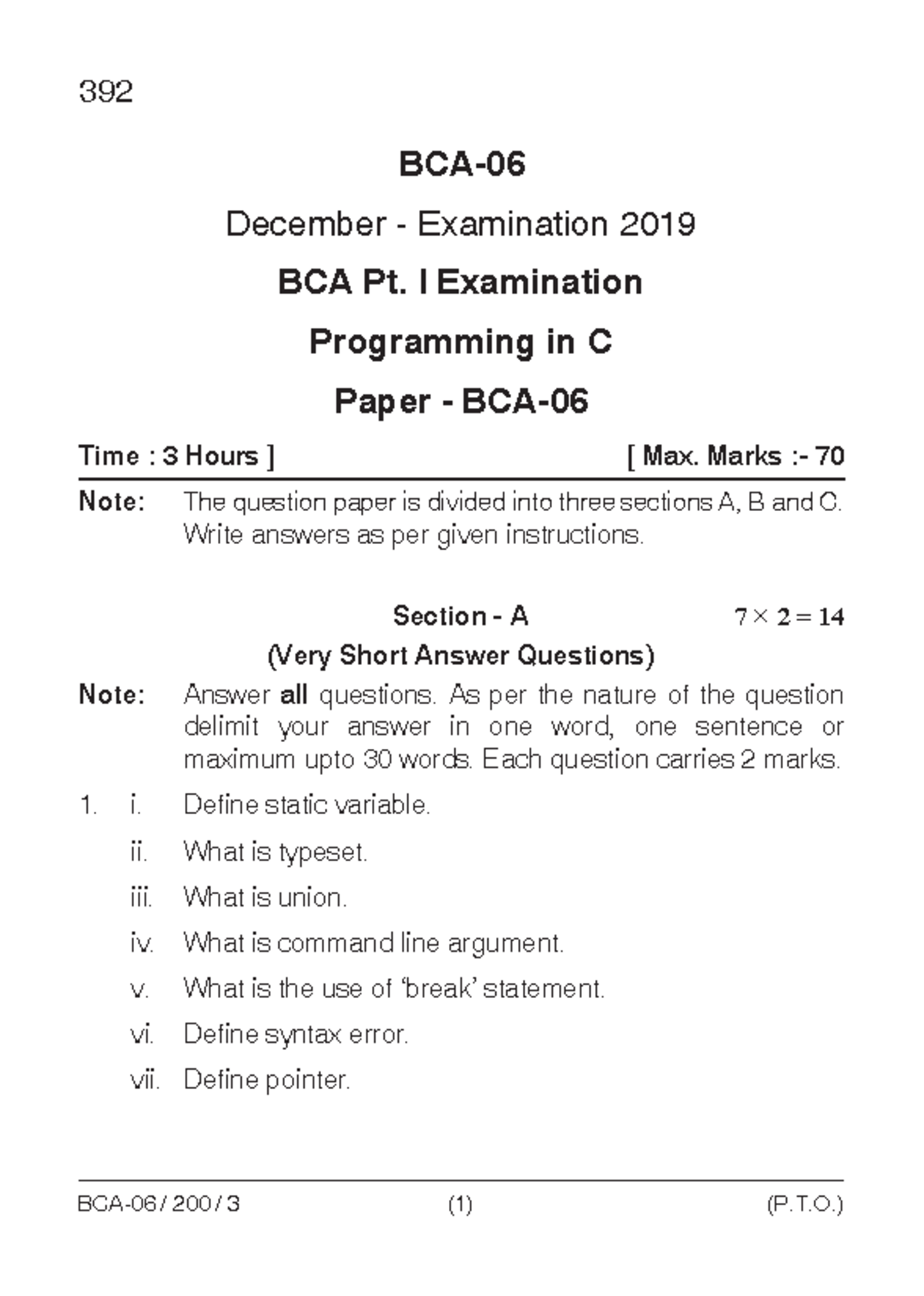 BCA-06 - December 2019 Programming in C Exam Paper - Studocu